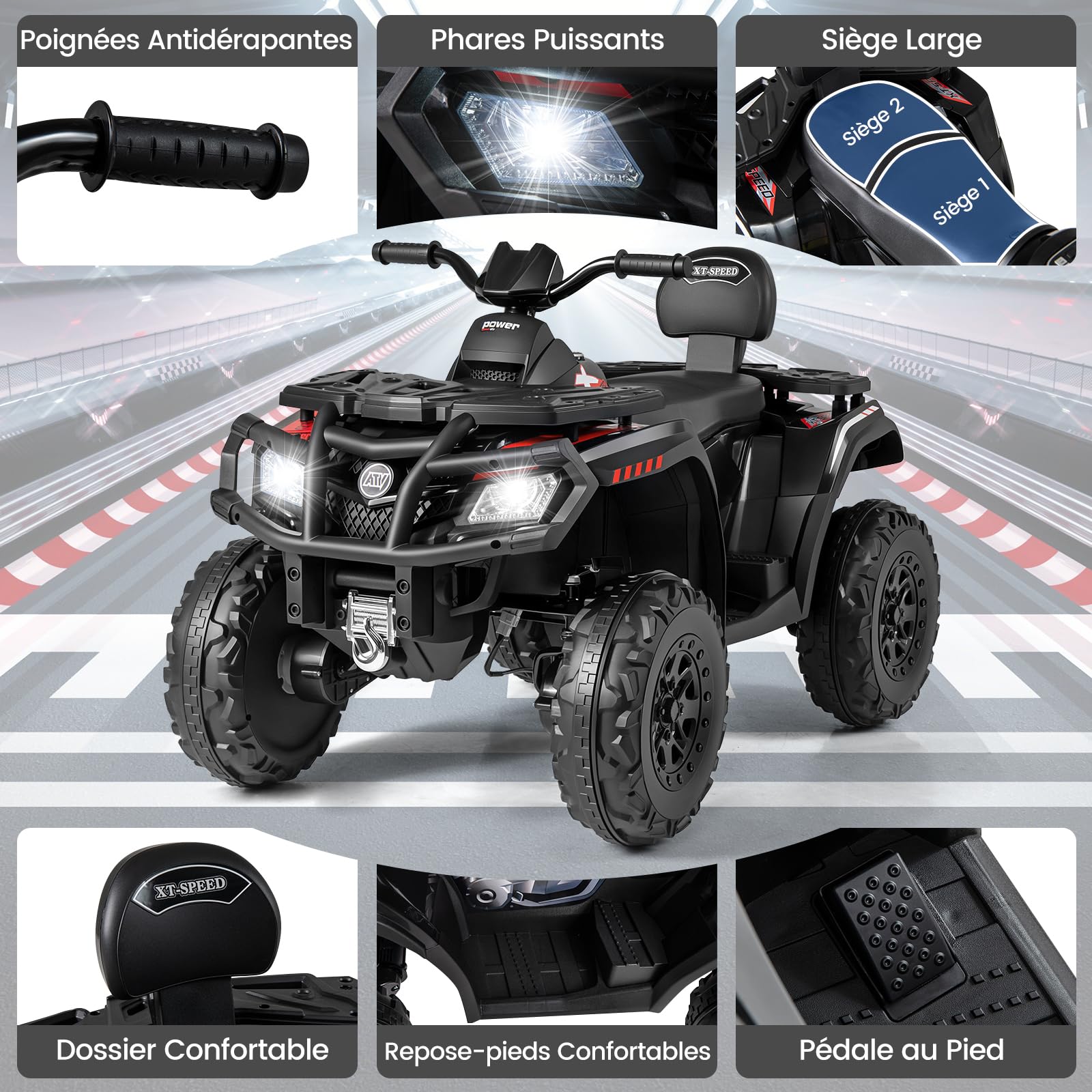 COSTWAY Quad Électrique Enfants 24V avec 4 Moteurs, Voiture Électrique Enfants 2 Places avec Lumières LED, Musique, Marche Avant/Arrière, Frein, 2 Vitesses 3-8 km/h, Charge 59 kg, pour 3-8 Ans (Noir)