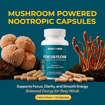 Focus & Mood Support Nootropic Supplement 60 Capsules | Formulated with Mushroom, Adaptogen, Ashwagandha & Natural Caffeine, Supports Cognitive Energy, Memory & Mental Clarity