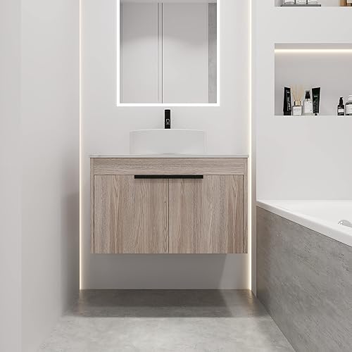 Miniatura 10 de Combinación de tocador de baño de 30 pulgadas con lavabo, moderno tocador flotante montado en la pared con lavabo de cerámica y puerta de cierre