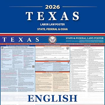 Texas Labor Law Poster State, Federal, OSHA Compliant, 2026 All-in-One 24x36 inch UV Waterproof Laminated English