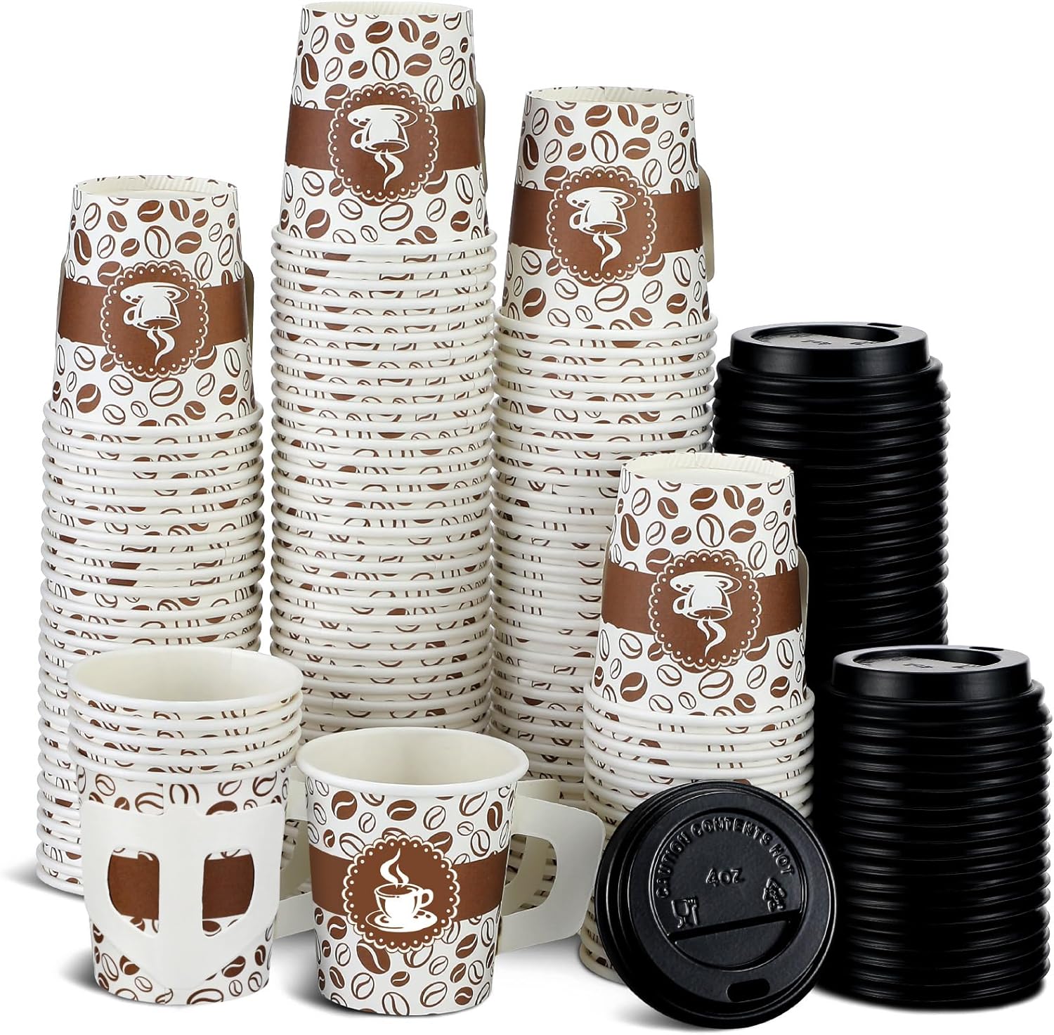 Teenyyou 100 Set 4 oz Disposable Espresso Cups Bulk with Lids Wide Handles Small Printed Paper Disposable Coffee Cups for Hot Chocolate Tea Cocoa Wedding Party Restaurant Music Festival Home Office