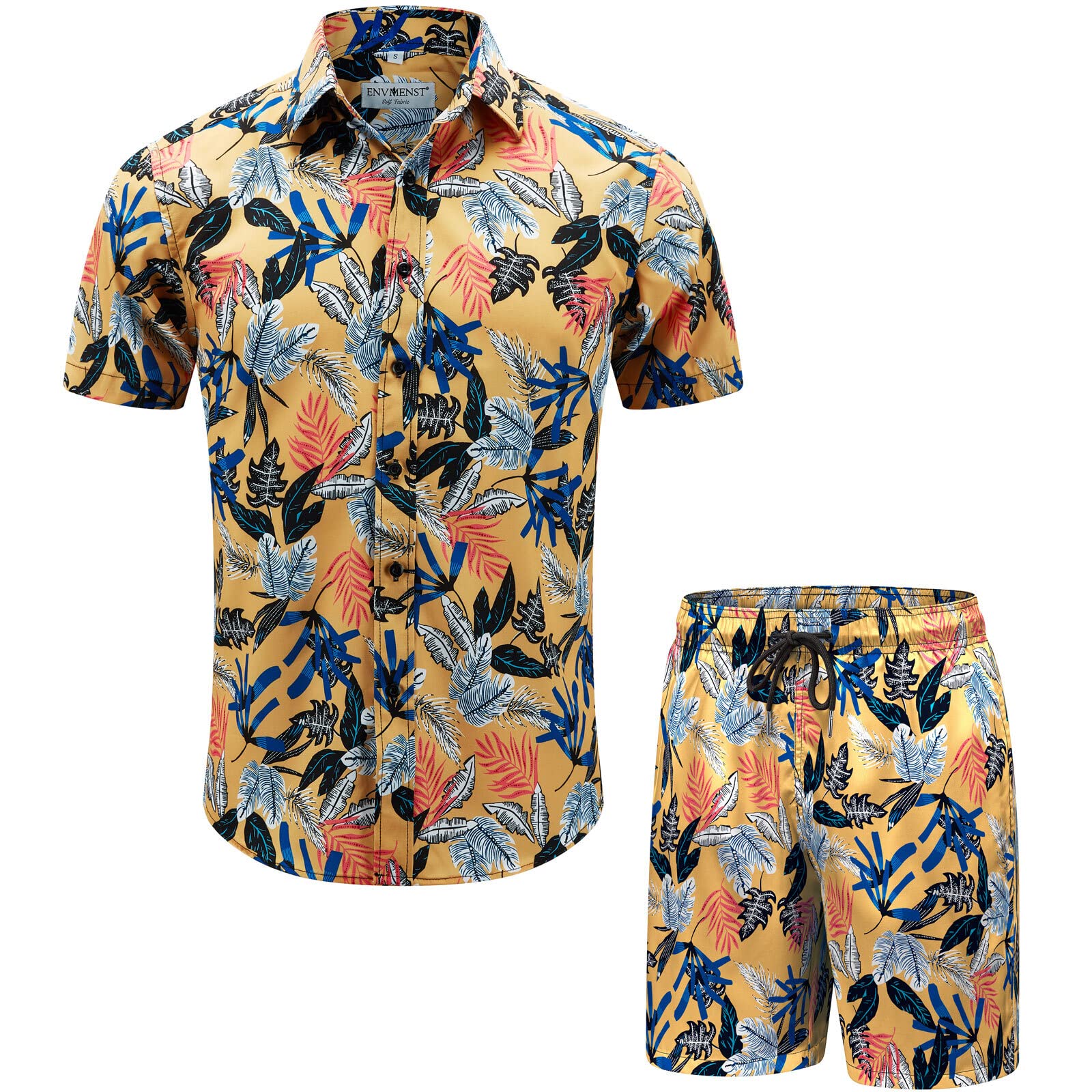 ENVMENSTMen's Hawaiian Shirt Suits Short Sleeve Beach Printed Casual Button Down Aloha Shirt Sets