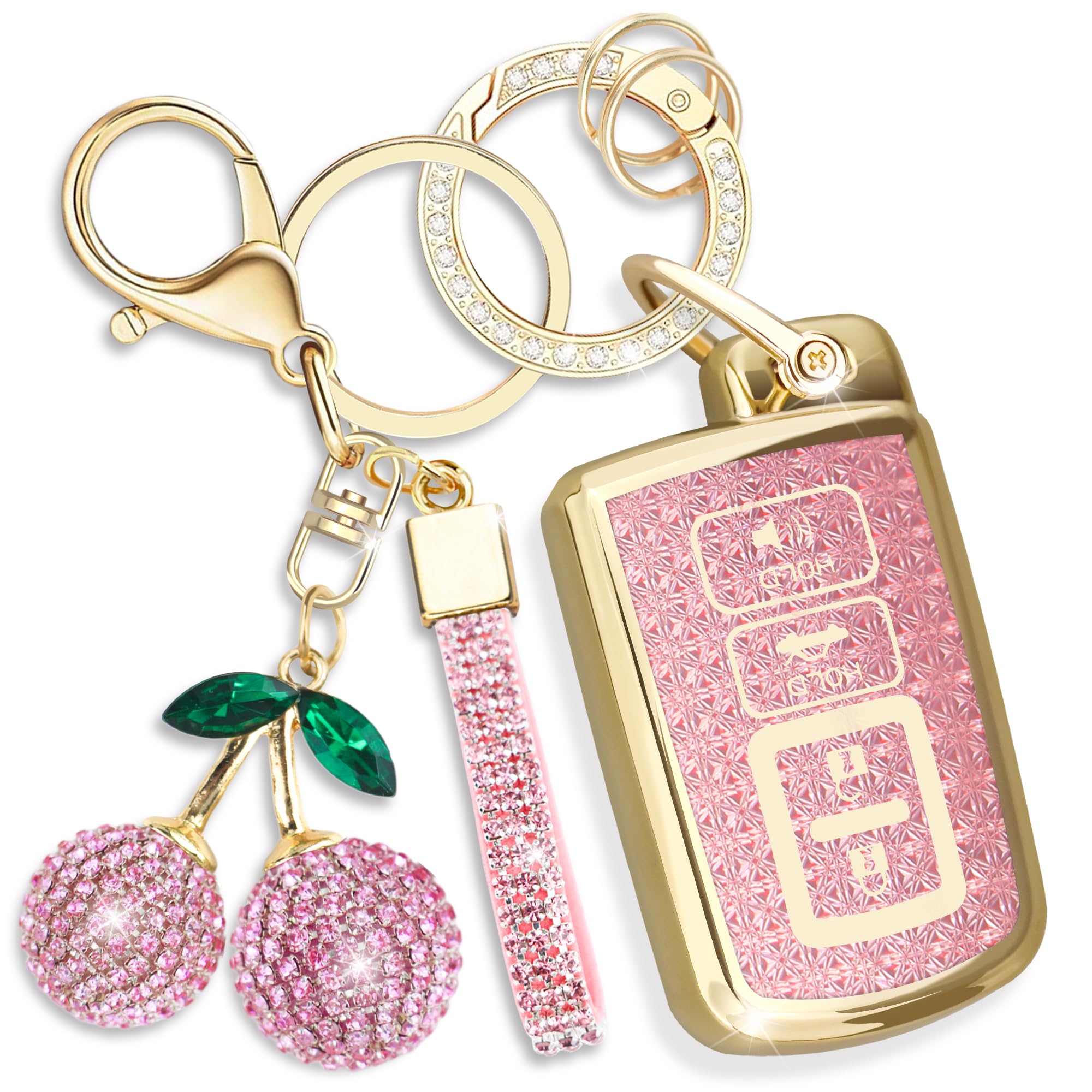 Photo 1 of **MISSING PARTS**
Rayslesan Sparkly Key Fob Cover with Cherry Keychain, Bling TPU Smart Key Case for Women, Compatible with Toyota Avalon Camry Corolla RAV4 Highlander Sequoia (4-Button, Gold Pink)