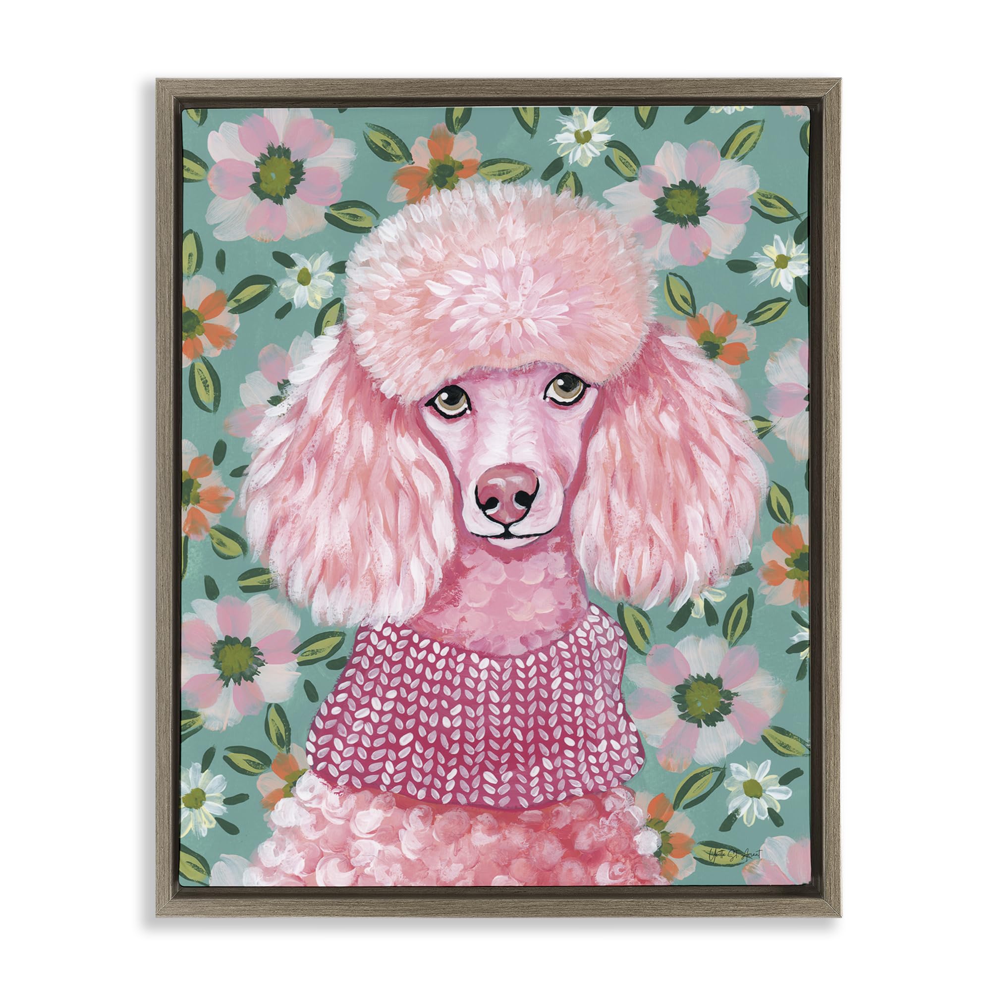 Stupell Industries 'Floral Poodle In Pink', Floating Frame Canvas Art, Brown, 25 x 31 Inches, Easy to Hang and Sturdy, Made in USA, by Yvette St. Amant