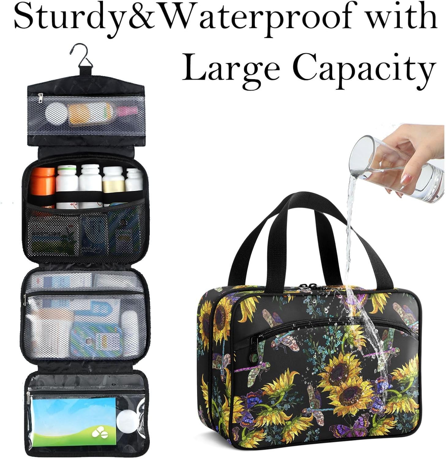 Travel Toiletry Bag for Woman/Men,Sunflower Dragonfly Embroidered Pattern Black Hanging Organizer Bag with Pockets Portable Folding Travel Case Bags for Makeup Cosmetic Toiletries Storage Traveling-L