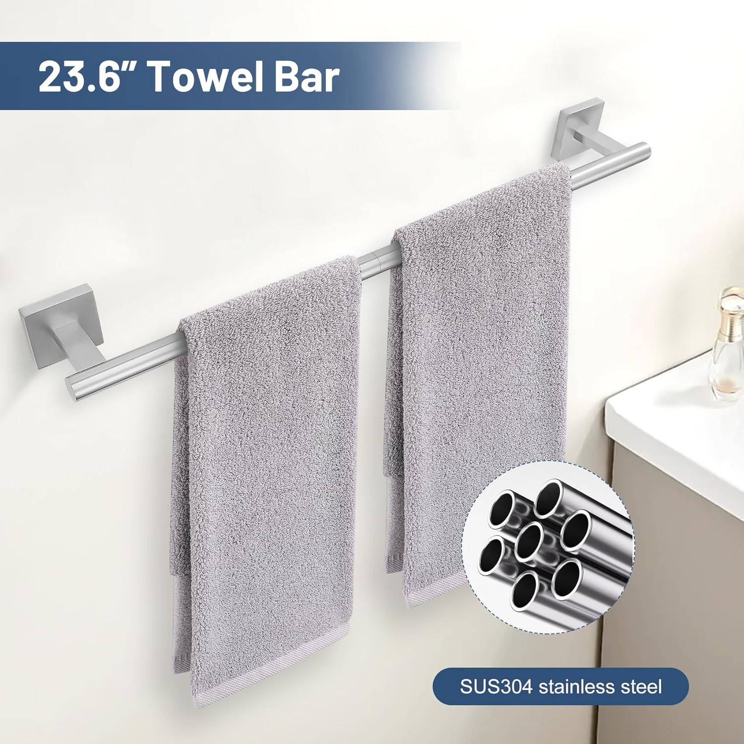 TURS 5-Pieces Brushed Nickel Bathroom Hardware Set 23.6 Inch SUS304 Stainless Steel Towel Bar Set Wall Mounted Bathroom Accessories Set