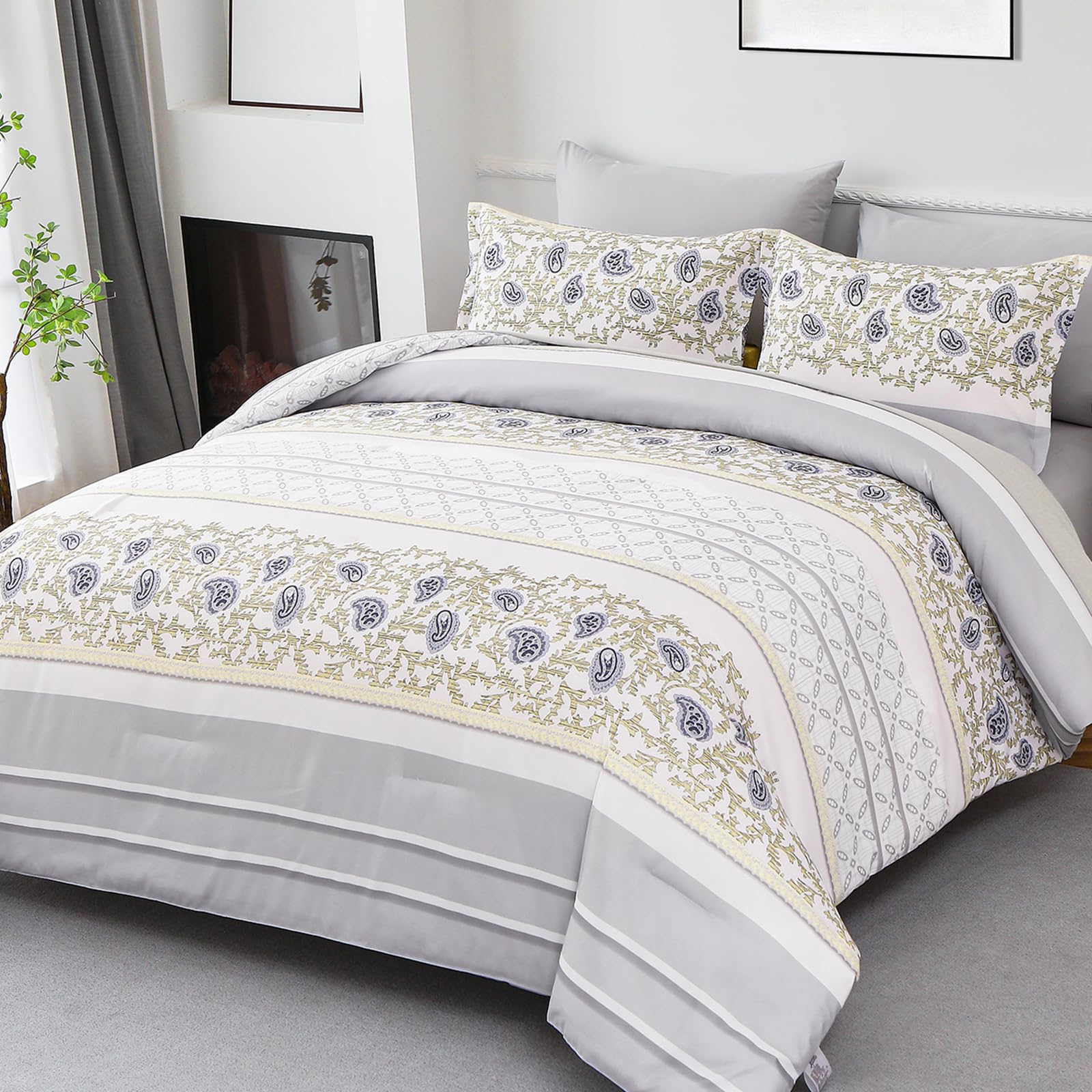 Boho Comforter Set Queen,Light Grey Boho 7 Piece Bed in a Bag Paisley Striped Comforter Sets