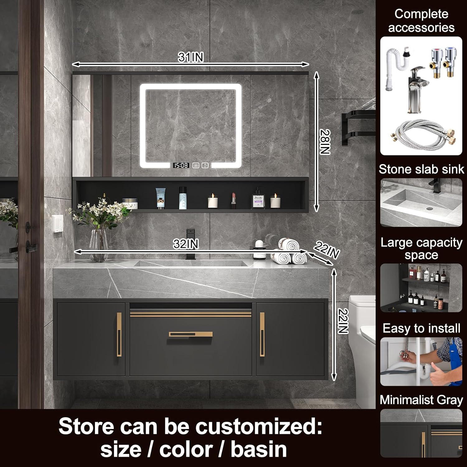Oneroom Large Bathroom Vanity with Double Sink, Vessel Sink Bathroom Vanity Cabinet with Vanity Mirror Light,Wide Mirror & Vanity Mirror