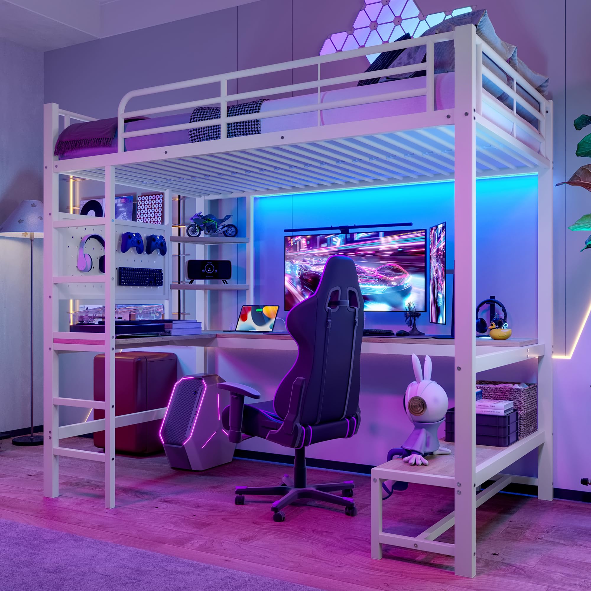 Letto a soppalco, 90 x 200 cm, struttura in ferro, scrivania, ringhiera, scala, vari ripiani, con presa USB+Type-c, con barra LED, con tavola forata, senza materasso, colore bianco