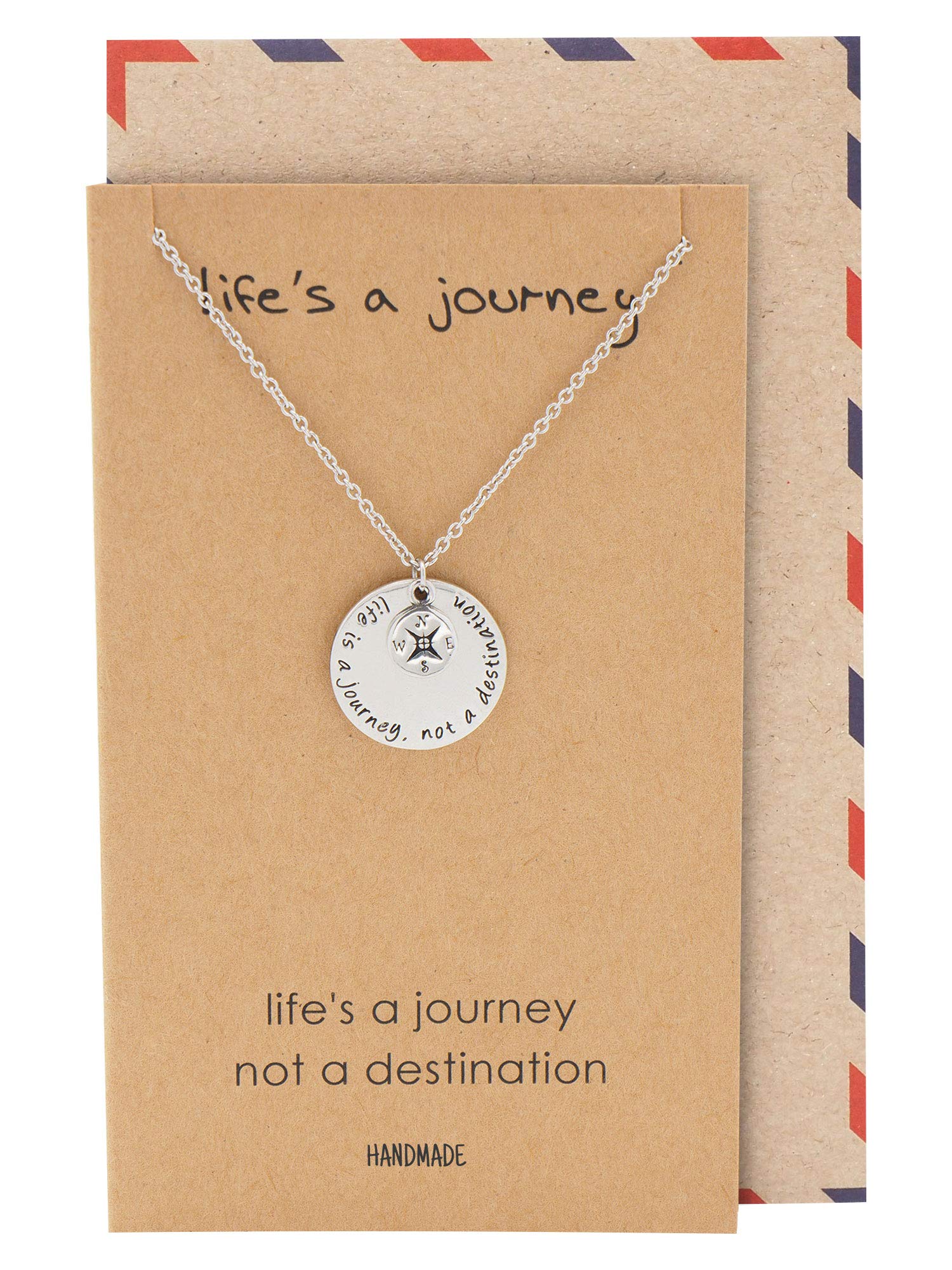 quan jewelryCompass Necklace Graduation Gifts for Women Memorable Gifts for Girls, Adventure Travelers Charm with Inspirational Greeting Card, Stainless Steel Adjustable Chain 16" to 18" Silver Tone