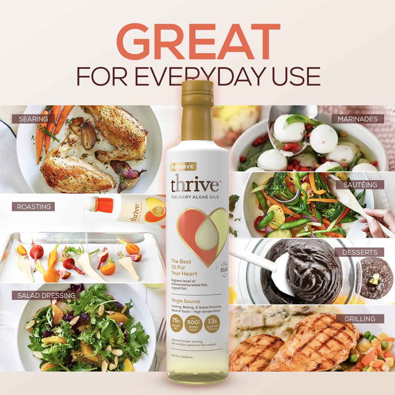 Thrive Cooking Oil - Reserve Pure Algae Oil, Heart and Health-Conscious Oil, Rich in Omega-9 Monounsaturated Fat (90%), Very Low Omega-6, 16.9 fl oz, 1 Pack