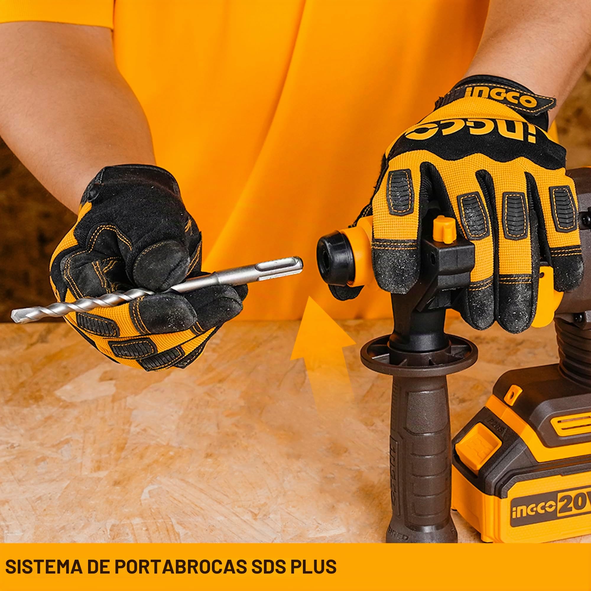 INGCO Martillo perforador rotativo SDS-Plus de iones de litio de 20V (solo cuerpo) con motor sin escobillas, perilla de ajuste de función 4 en 1, 2,0J, 5400 BPM, 1100 RPM, 3 brocas y 1 cincel