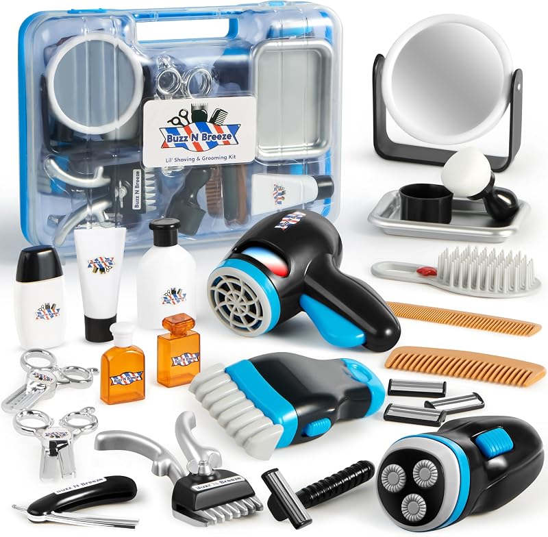 JOYIN Barber Shop Pretend Role Play Toy, 23 Pcs Kids Shaving Kit for Boys, Haircut Kit for Boys 3+ Year Old Birthday Gift, Upgraded Kids Role Play Set with Storage Box