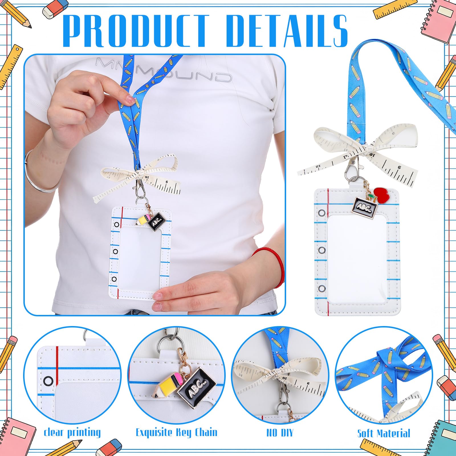 Set di 12 cordini per insegnanti con porta documenti e chiavi, righello, composizione, quaderno, matita, porta badge di ringraziamento per il rientro a scuola, regali di laurea