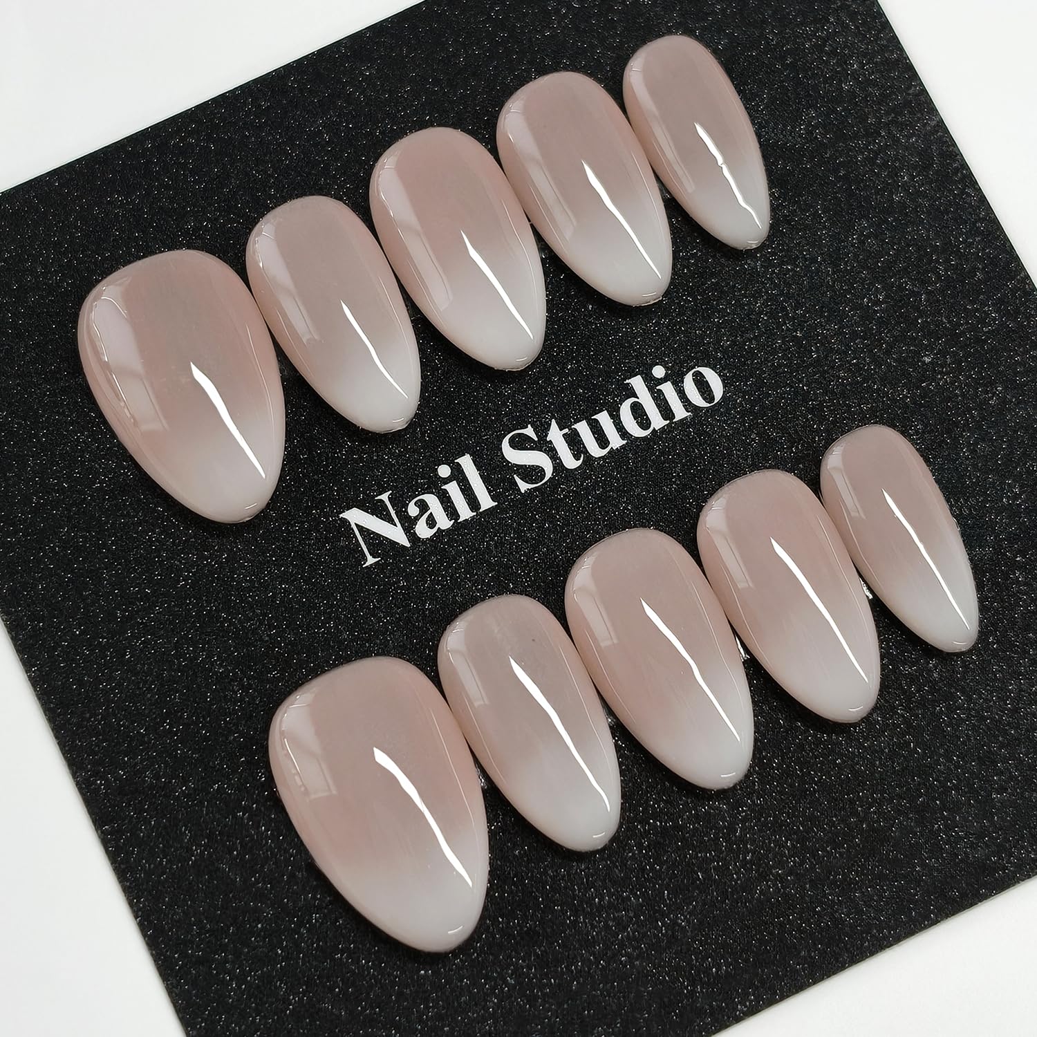 Handmade Press on Nails Short Almond Ombre French Tip Press on Nails Nude, Glossy Gradient White French Fake Nails, Reusable Full Cover Acrylic False Nails for Women 10PCS(M)