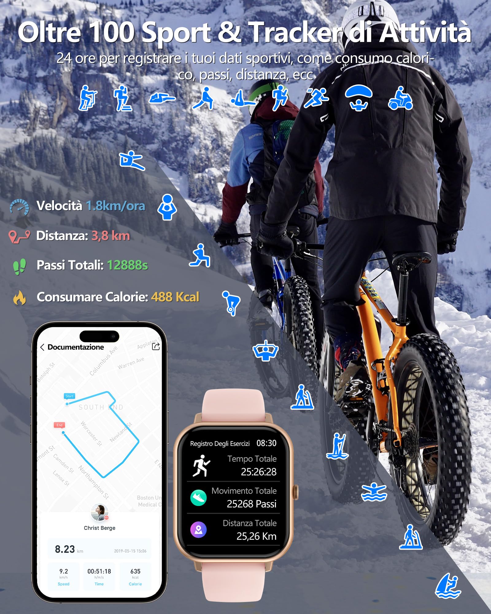 Smartwatch Donna Uomo,1.83" Orologio Smartwatch con Effettua/Risposta Chiamate, Sonno/SpO2/Cardiofrequenzimetro/Contapassi, 110+ Modalità Sportive, IP68 Impermeabile Fitness Tracker per iPhone&Android