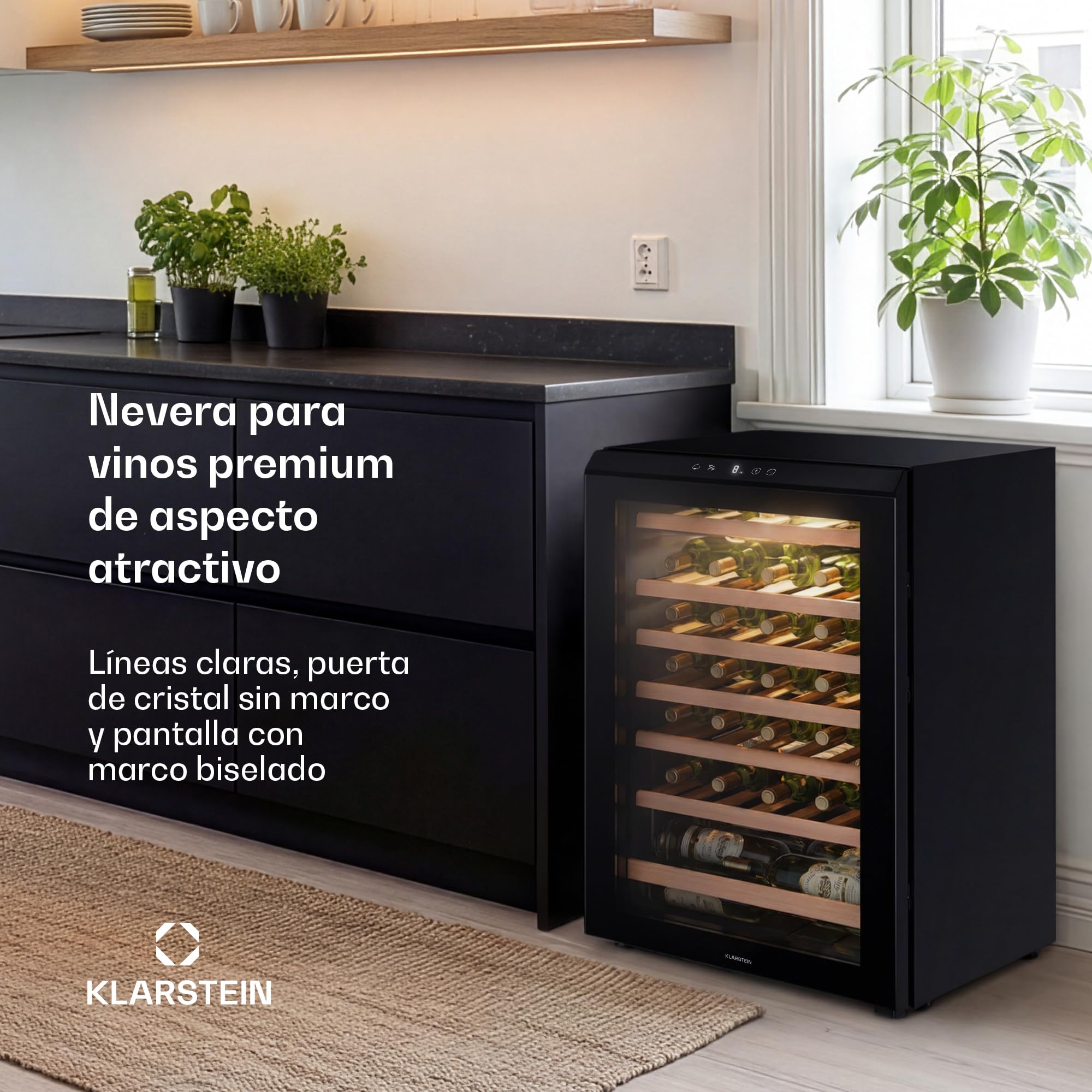 KLARSTEIN Bevora Frigorífico 48 botellas – Enfriador de vino independiente, controles táctiles 4-18 °C, puerta de cristal UV, luz LED, estantes de madera