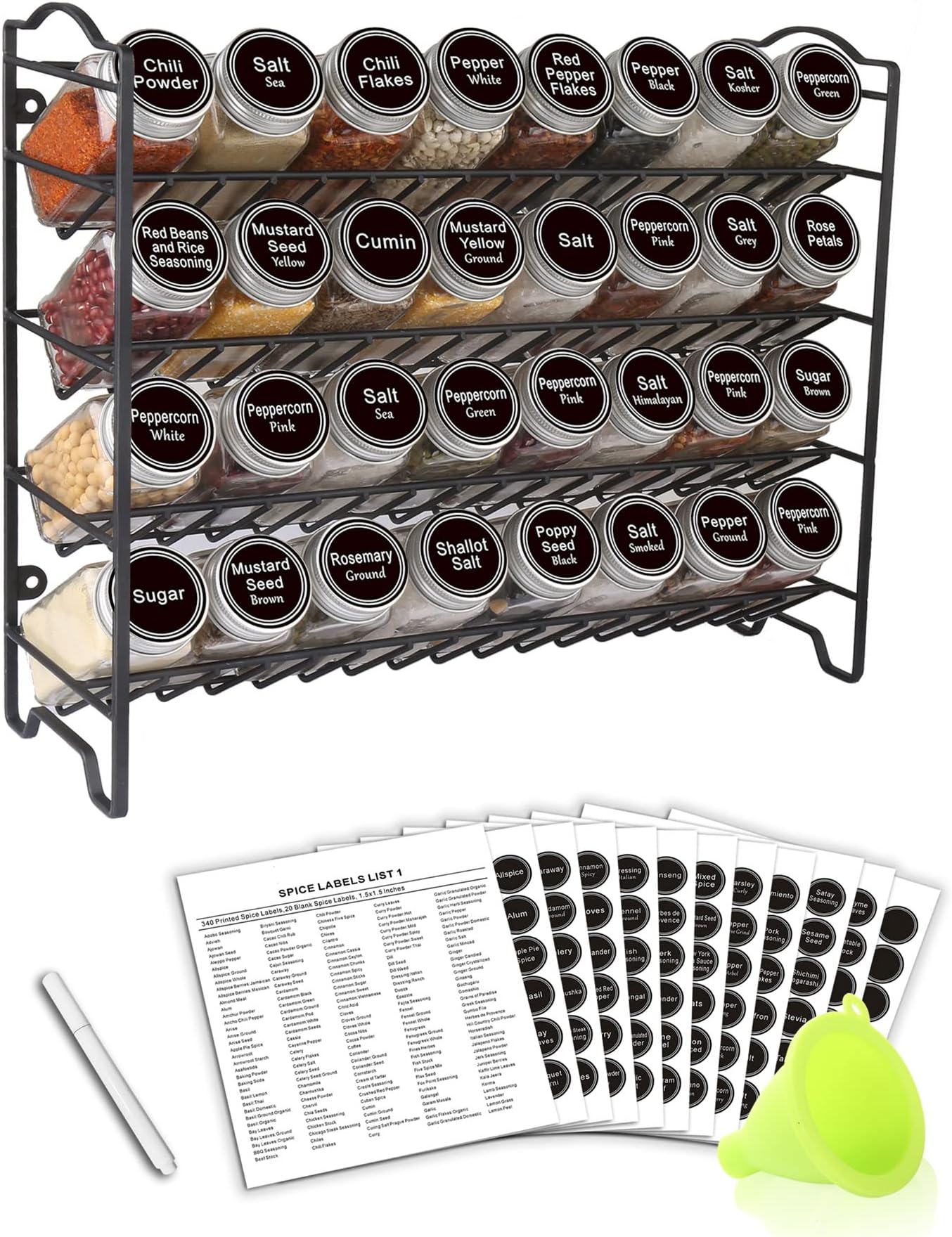 Spice Rack Organizer with 32 Glass Spice Jars, 396 Spice Labels, Chalk Marker and Funnel Complete Set, for Cabinet, Countertop, Cupboard or Wall Mount, Black