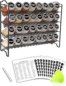 SWOMMOLY Spice Rack Organizer with 32 Glass Spice Jars, 396 Spice Labels, Chalk Marker and Funnel Complete Set, for Cabinet, Countertop, Cupboard or Wall Mount, Black