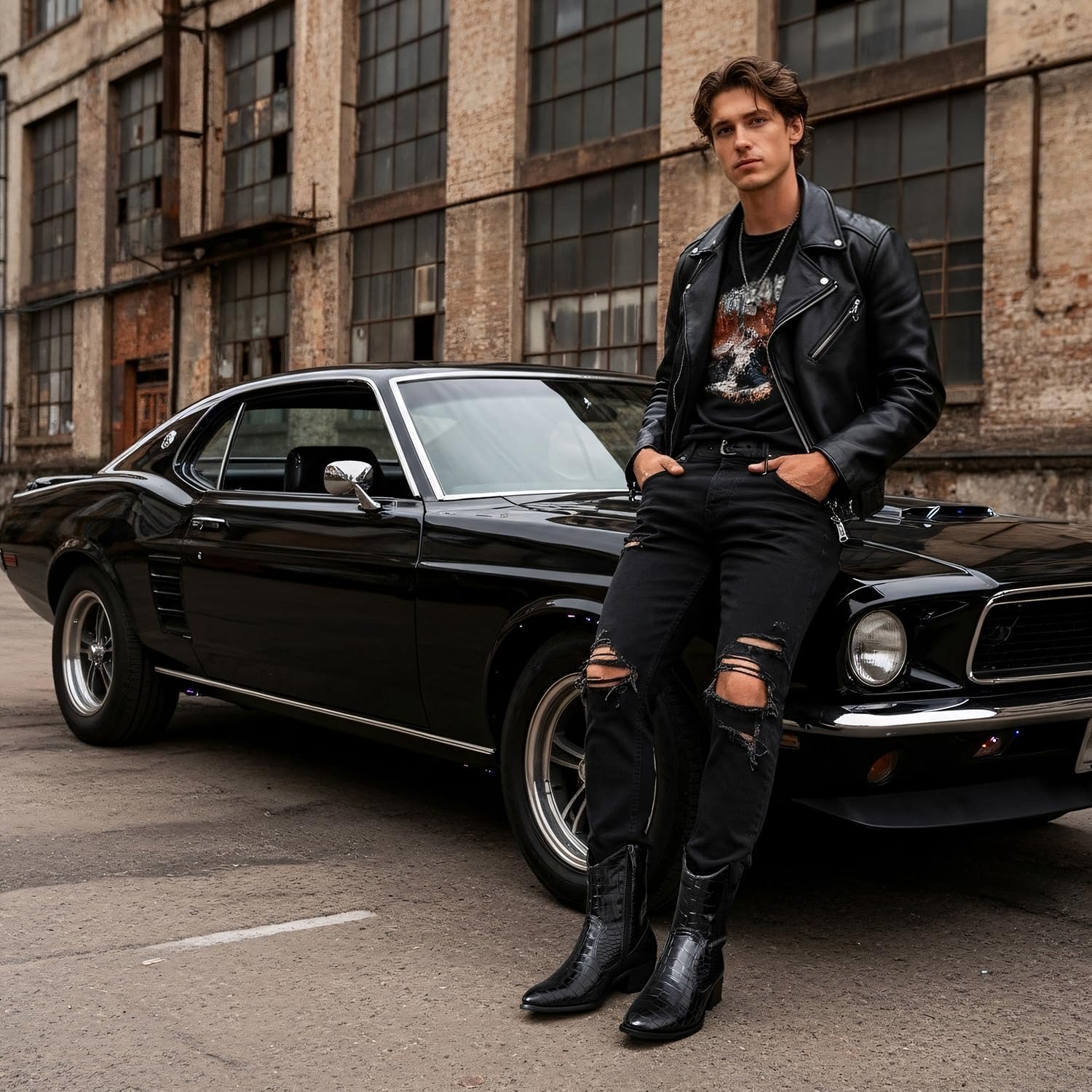 Jousen Cowboy Boots for Men Crocodile Embossed Men's Western Boot with Belt Buckle Side Zipper Stylish Retro Short - Image 2