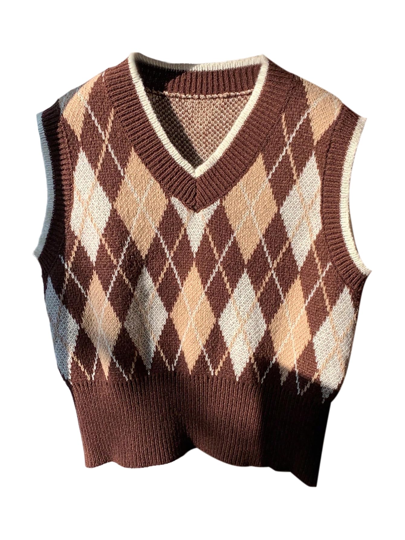 MakeMeChic Womens Argyle Plaid Sweater Vest V Neck Sleeveless Knit Tank Tops