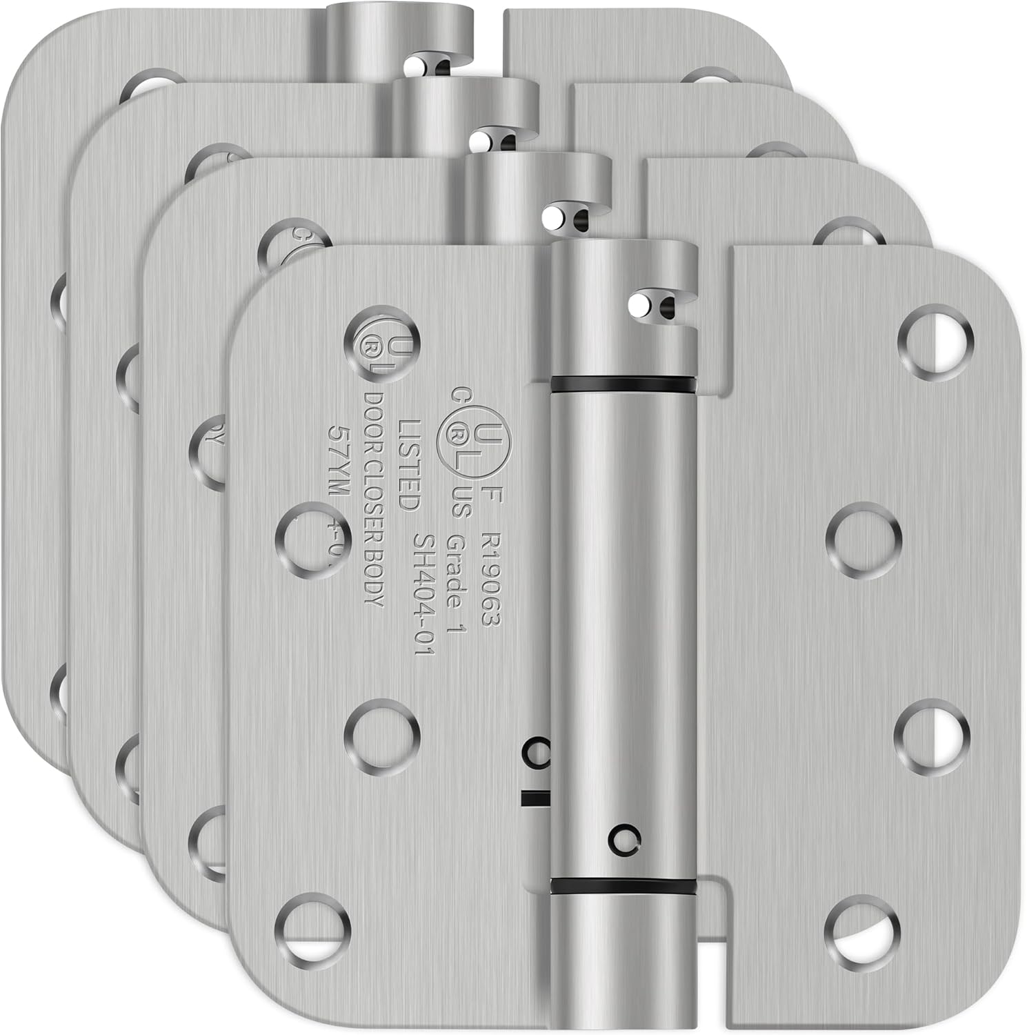 4 Inch Self Closing Door Hinges, 5/8" Radius Corners Spring Loaded Hinges for Exterior, Garage, Front and Back Door, UL Listed, for Left and Right Hand Door, Brushed Nickel, 4 Pack