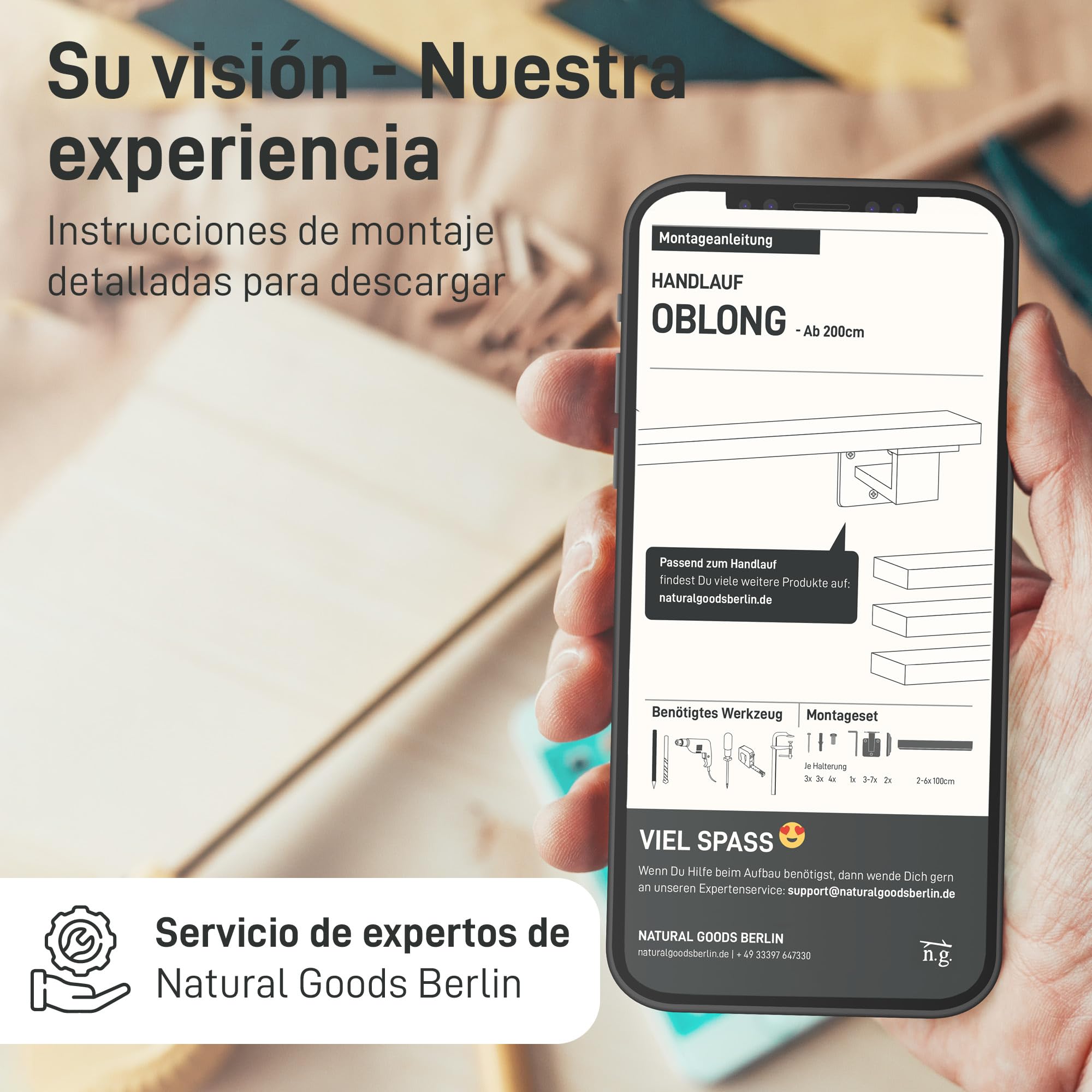 Natural Goods Berlin Juego de pasamanos Oblong de metal negro / 4 soportes para pasamanos EDGE & 300 cm barandilla para escaleras / barandilla para escaleras de acero inoxidable, con recubrimiento en