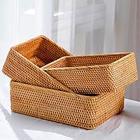 ZENFUN 3-Pack Handmade Natural Rattan Nesting Storage Baskets - Rectangular Woven for Bread Fruit Kitchen Organizer Decor, 3 Sizes