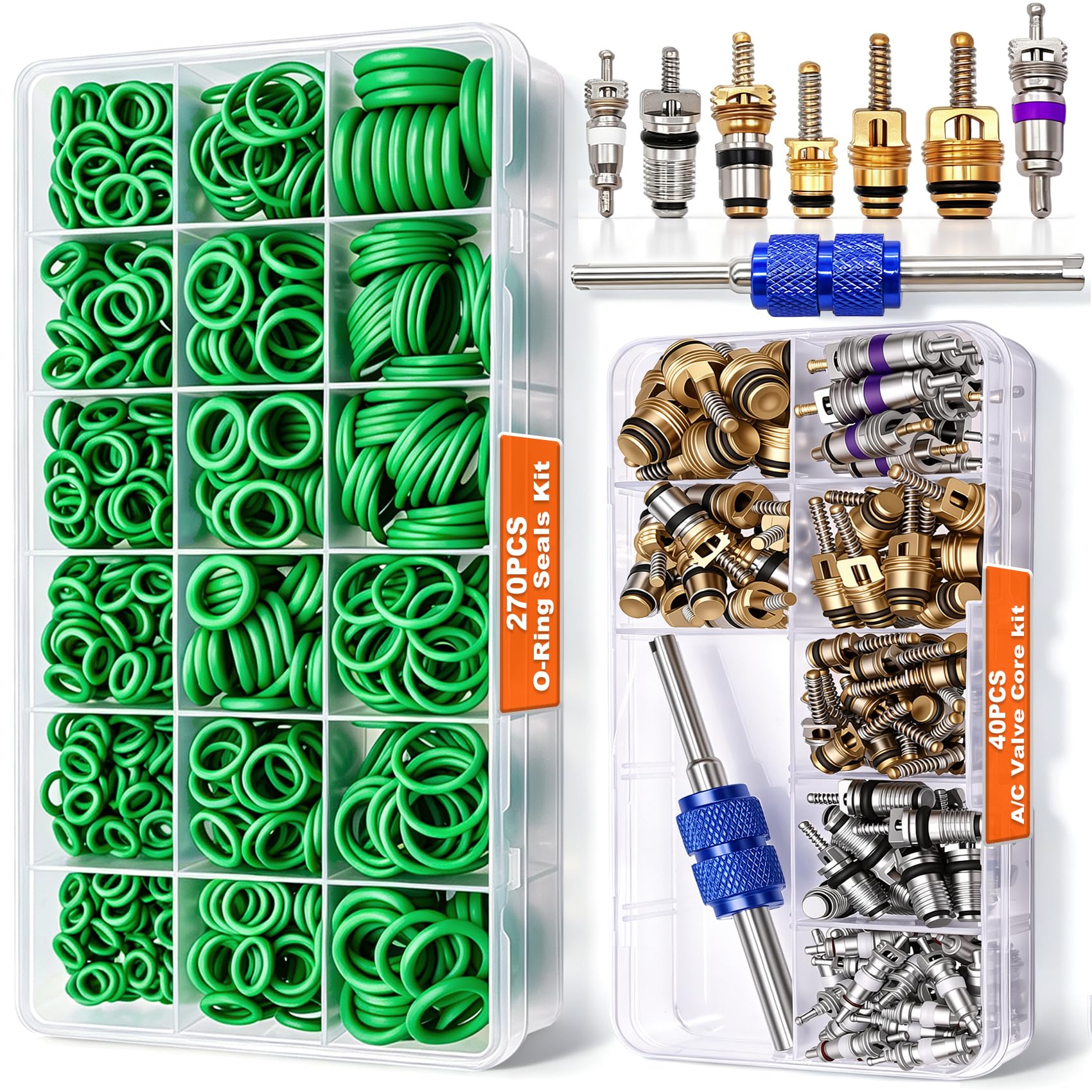 Taiss Car A/C Repair Kit 270PCS O-Ring Seals Kit + 40PCS A/C Valve Core Assortment with Remover Tool,R12 R134a Refrigeration Tire Valve Stem Cores,Car Air Conditioning Compressor Seals O-Ring