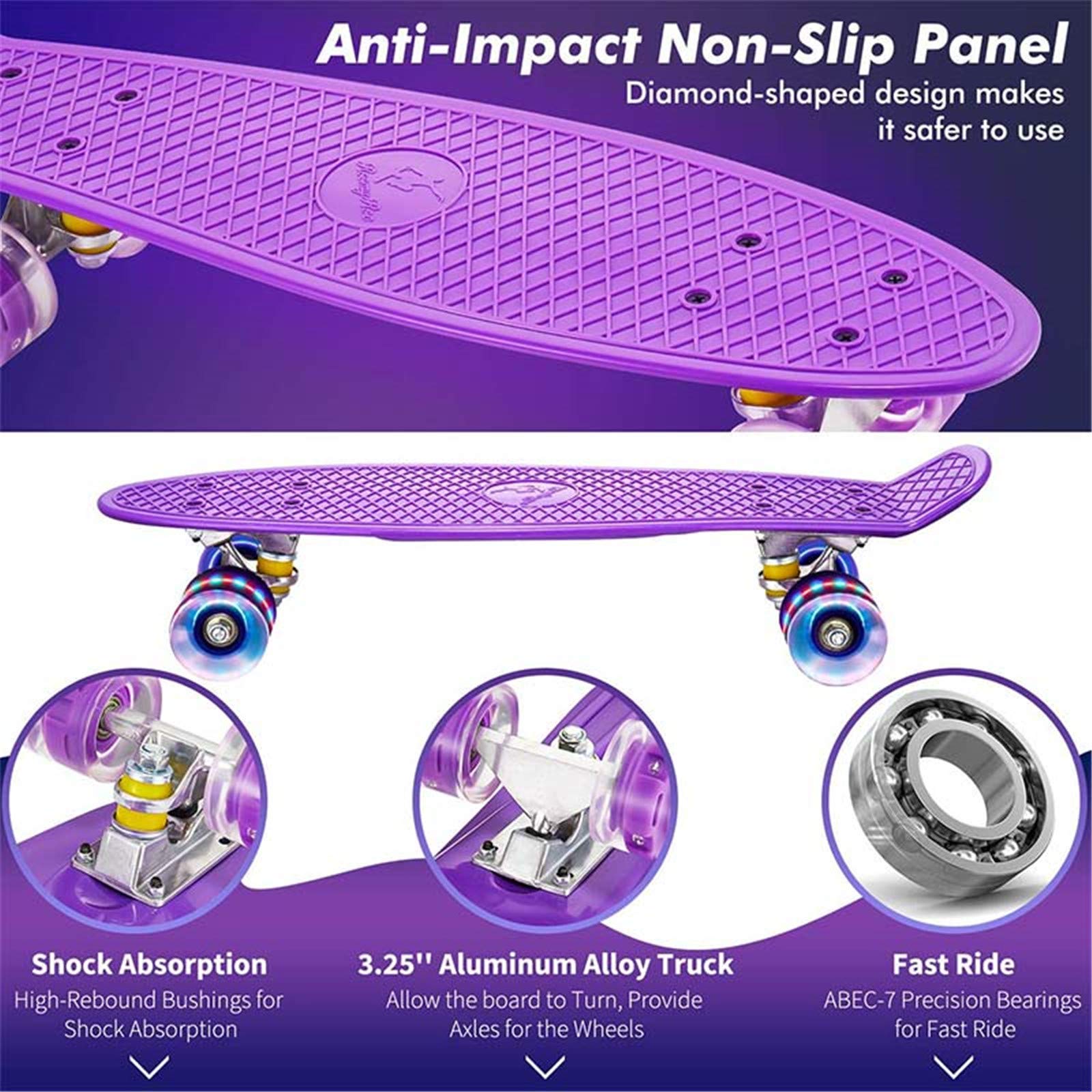 Skateboard Complet Mini Cruiser Planche À Roulettes En Plastique 22 Pouces Pour Enfants Garçons Filles Débutants Adolescents Adultes, LED Light Up Wheels Avec Roulements Et Tout-En-Un Skate T-Tool