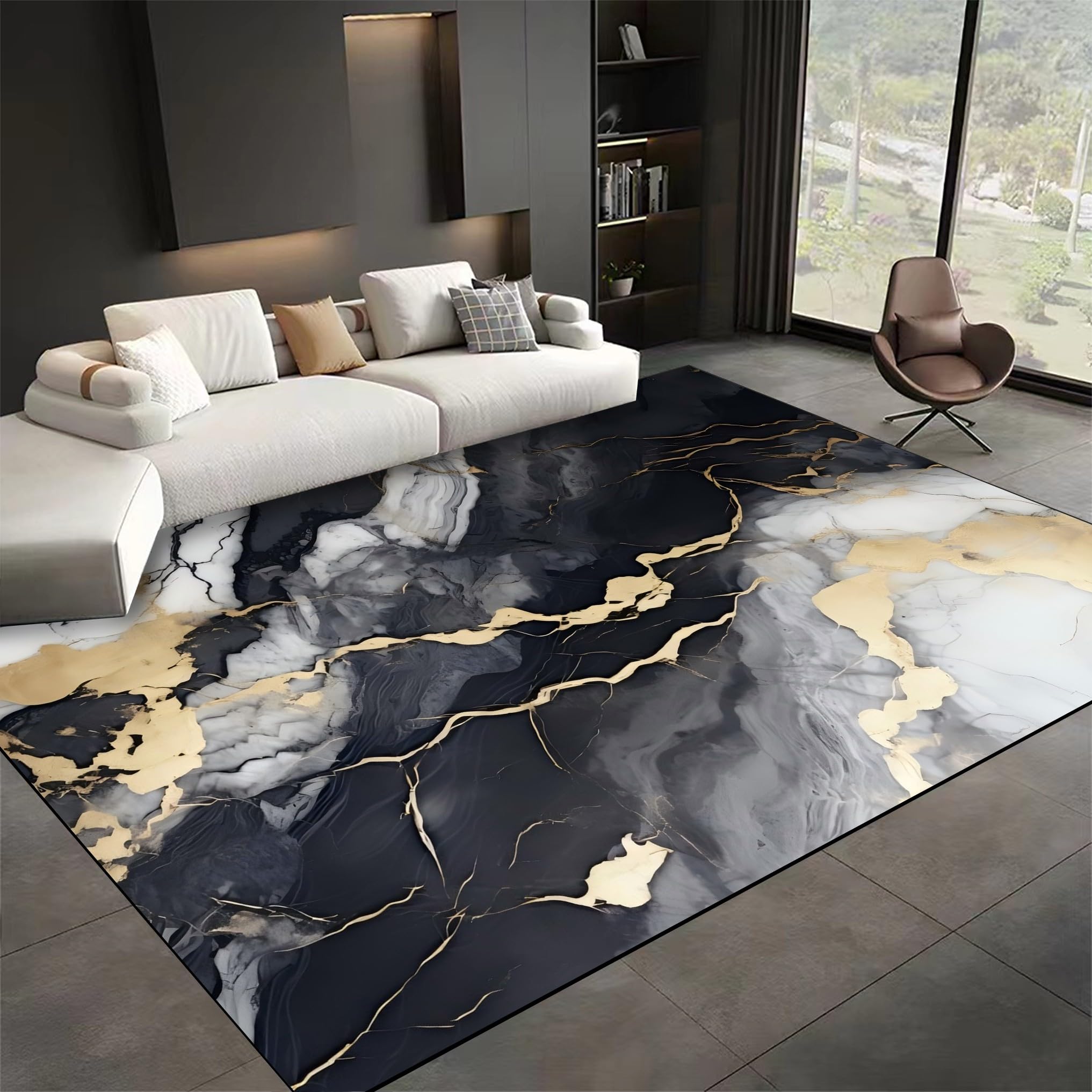 SMXVRC Modern Abstract Texture Indoor Rug, 180x230cm, Black Grey Gold Marble Pattern Kitchen Carpet, No Crease Low Pile Home Decorative Mats, Machine Washable Anti-Slip Rug for Entrance Hallway