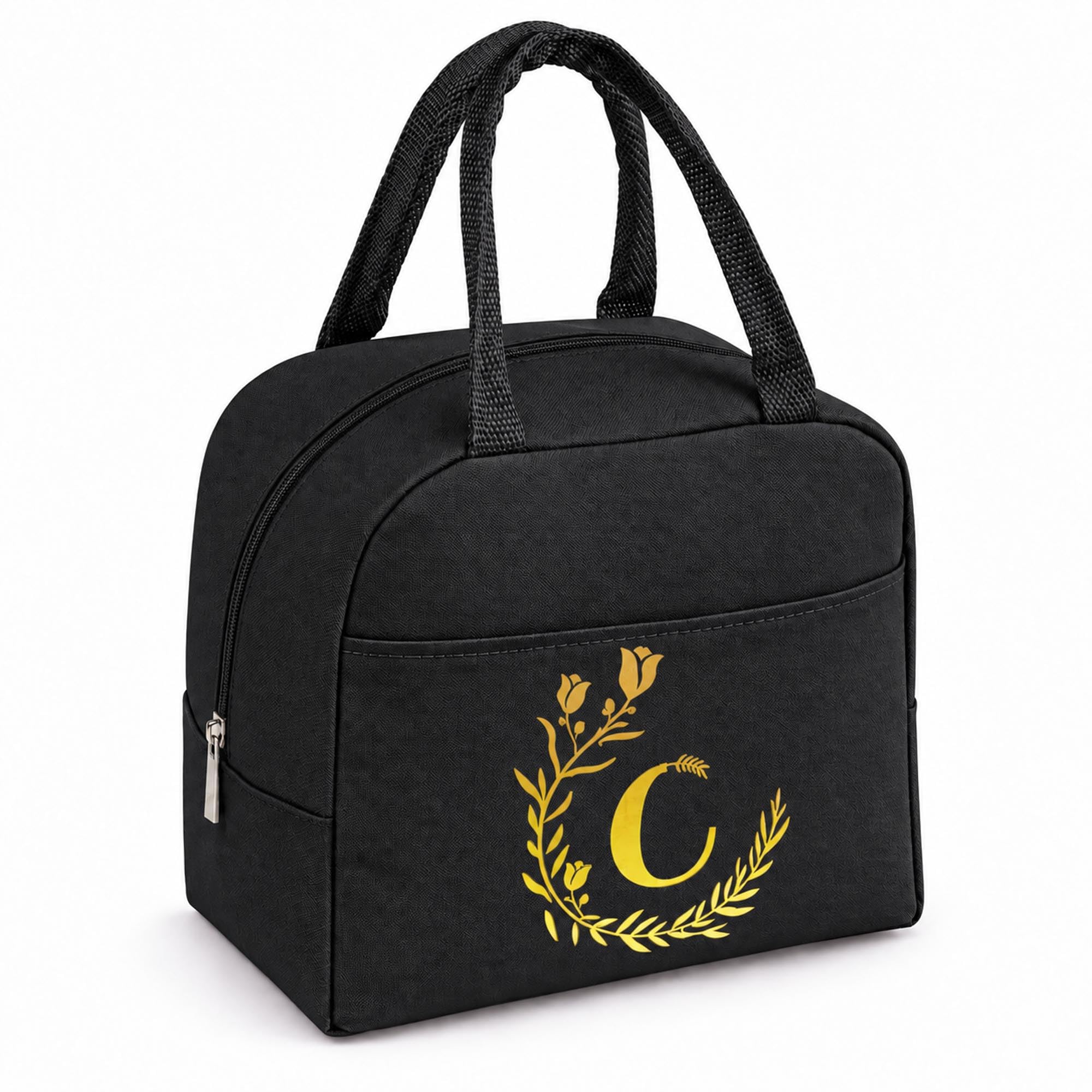 Personalized Black Initial Letters Insulated Lunch Bag for Women Men Kids-C