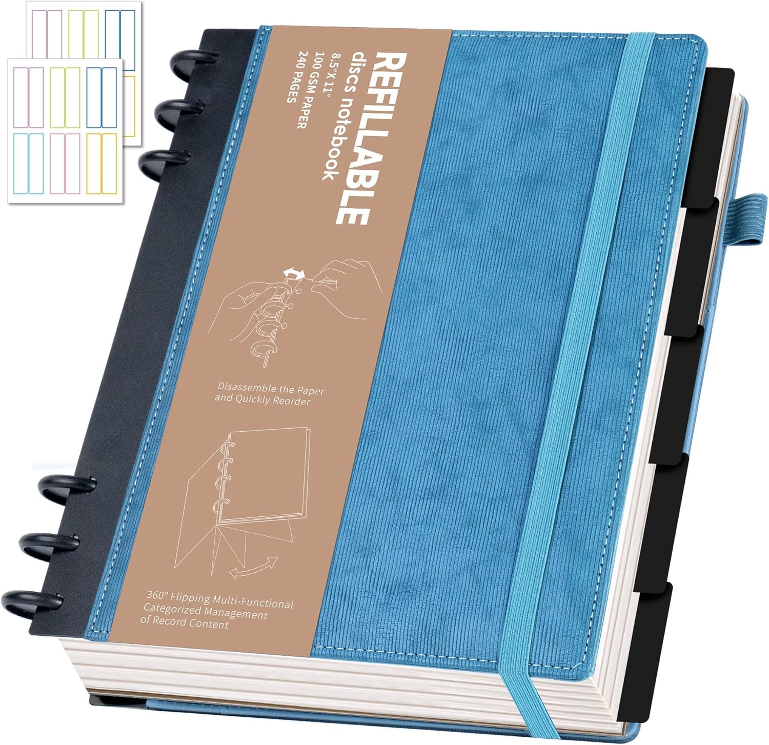 Yoment Refillable Notebooks for Work 5 Subject with Removable Dividers Tabs 224 Pages Hardcover Leather Journals for Writing Small Discbound Planner Colleged Ruled Paper for Women Men 6.1 x 8.3,Blue