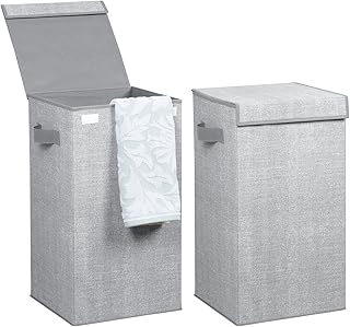 mDesign panier à linge pliable polypropylène respirant (lot de 2) – sac pour lessive design jute, couvercle et poignées – salle de bain, buanderie, etc. – trieur de linge sale, 2 compartiments – gris