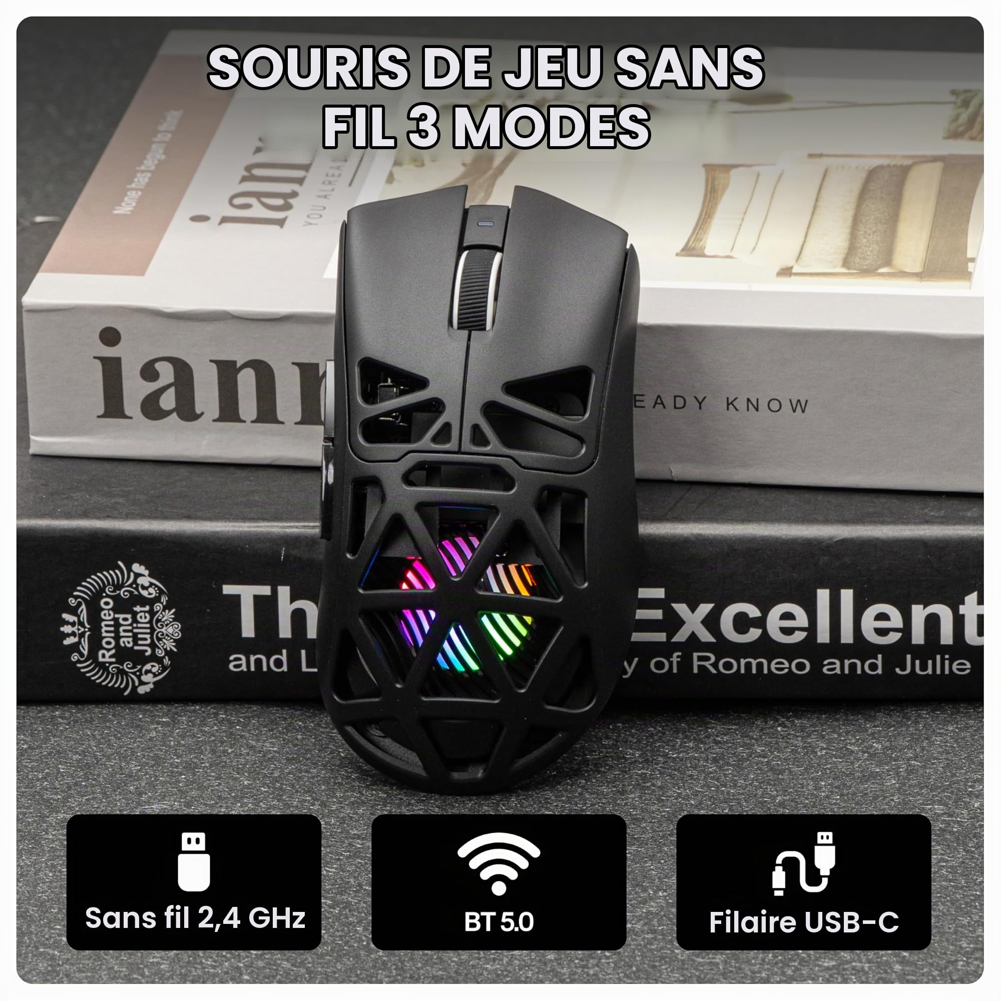 MechLands Aula SC620 Souris de jeu sans fil 2,4 G/USB-C/BT avec batterie de 400 mAh, 12 000 DPI et 1000 taux d'interrogation, capteur PAW3311, éclairage RVB, boutons programmables, pour Windows/Mac