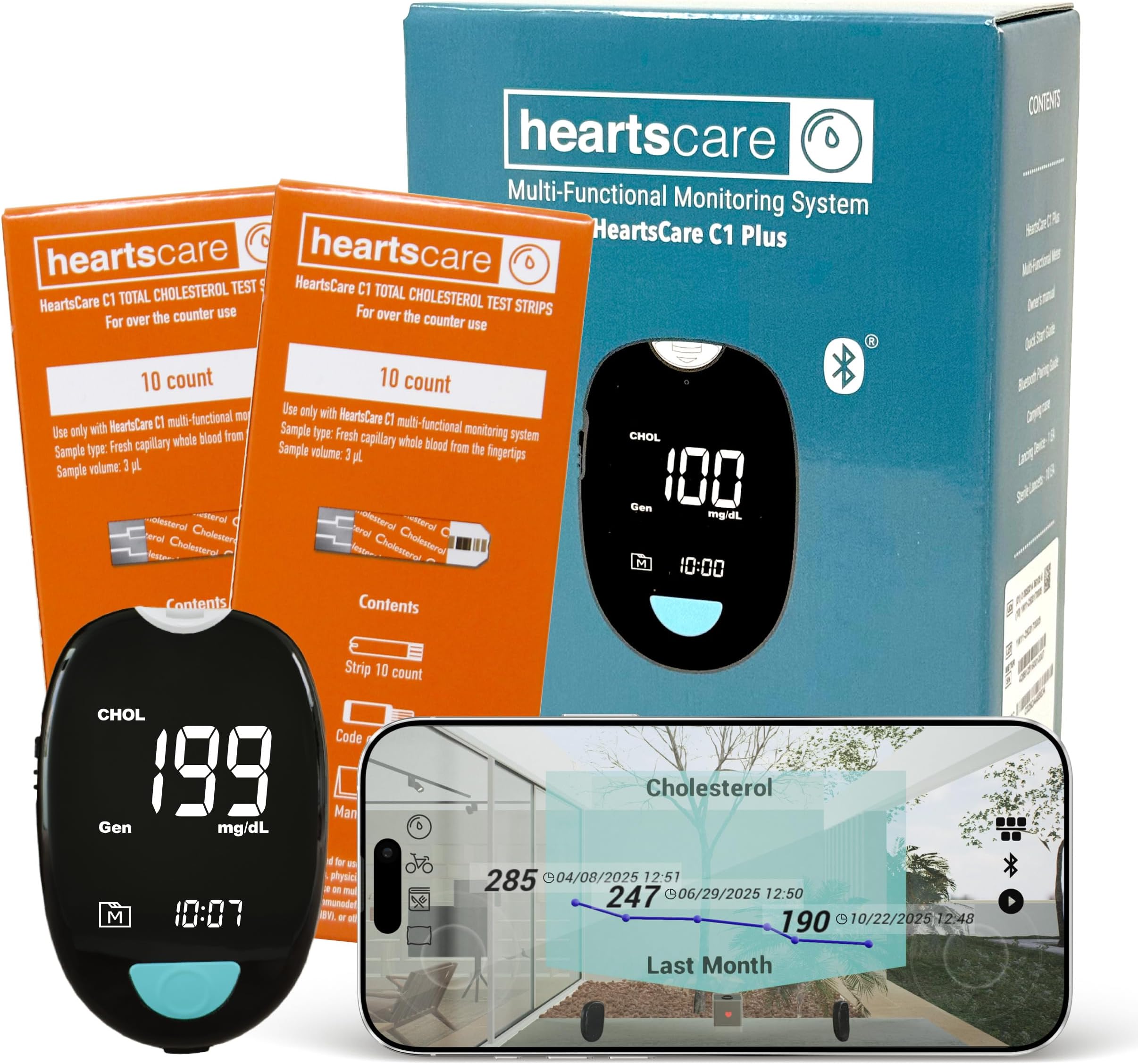 HeartsCare Total Cholesterol Testing kit - 20 Strips and 1 Meter with 3D Bluetooth HeartsHome app - Diet and Fitness Tracking