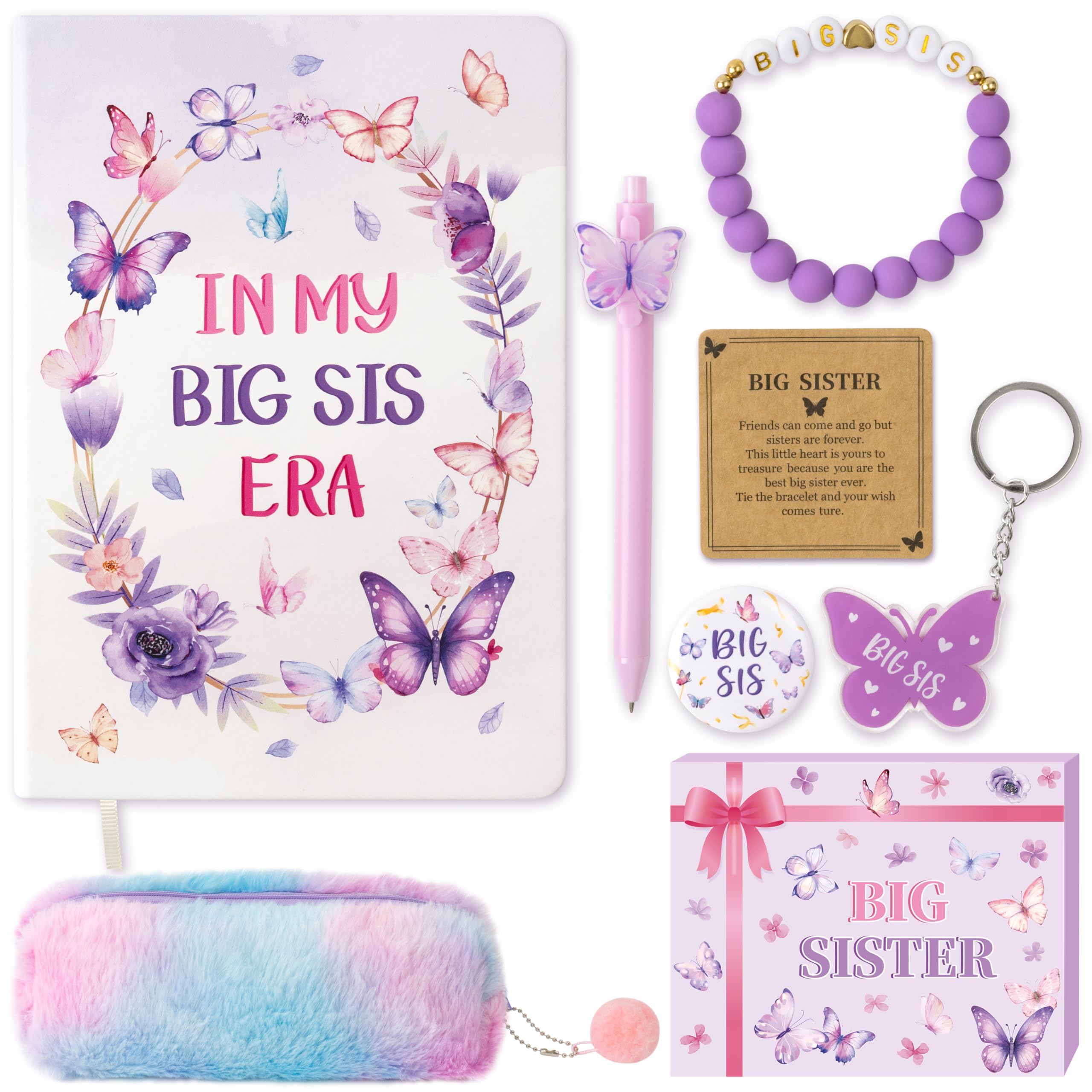 CY2SIDE Big Sister Gifts for Girls, 7PCS In My Big Sis Era Announcement Set Include Butterfly Notebook Pen Plush Pouch Keychain and Greeting Card,