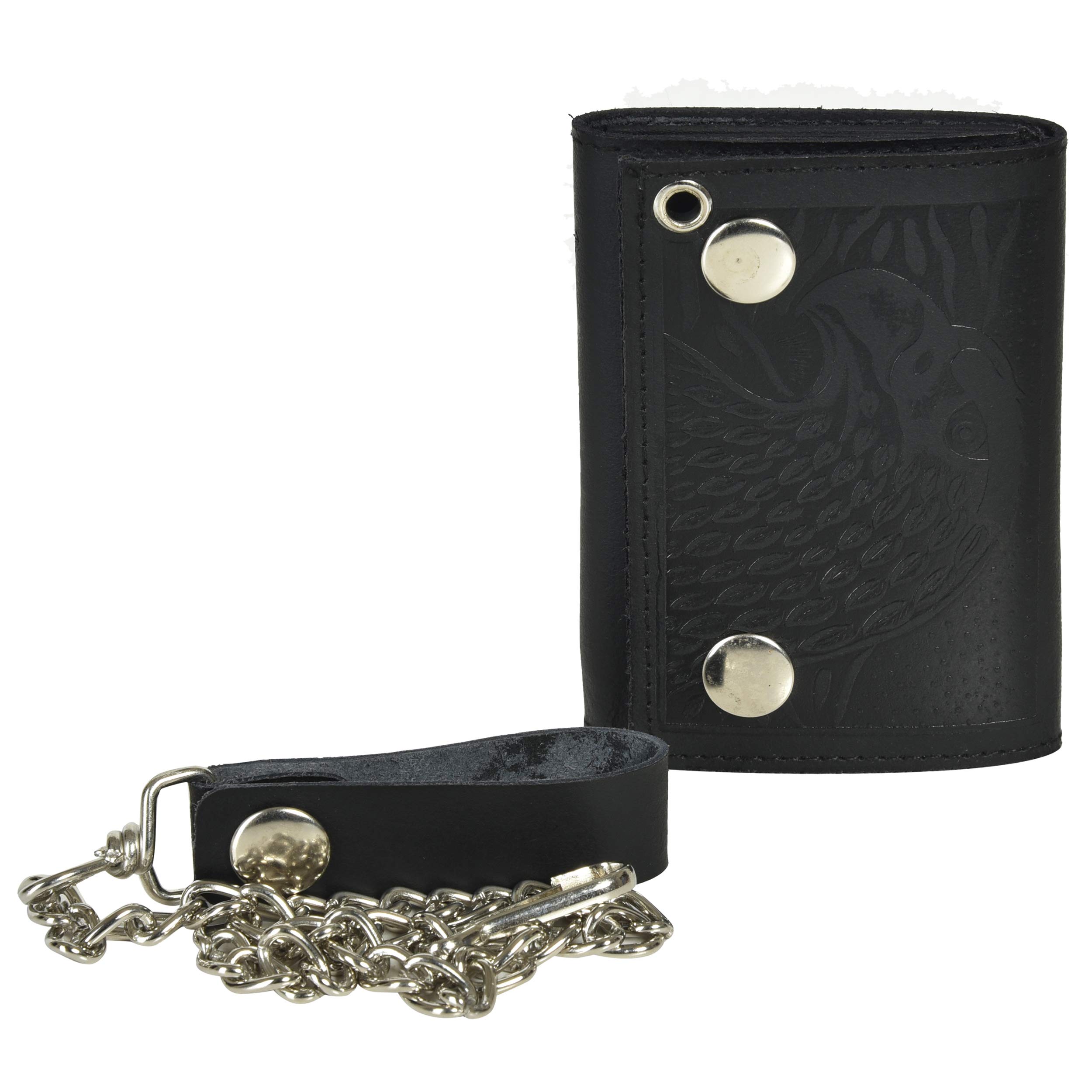 Leatherboss Genuine Leather Trifold Designer Eagle Biker Chain Wallet Credit Card Cash with ID Holder, Black