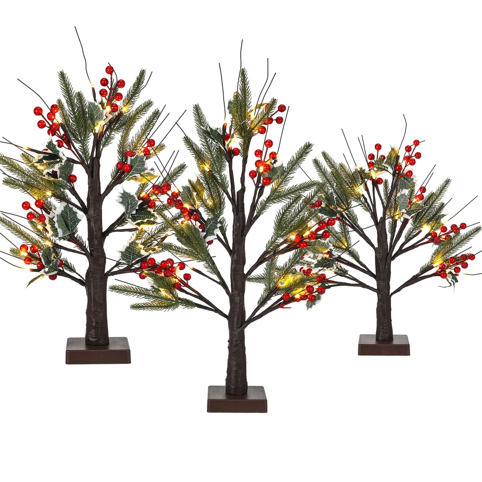 VIHOSE 3 Pcs Christmas Lighted Birch Tree with Berry Stems Pine Branches Tree, 1.5ft 1.65ft 2ft Mini Birch Tree with 24 LED Lights for Christmas Home Decor