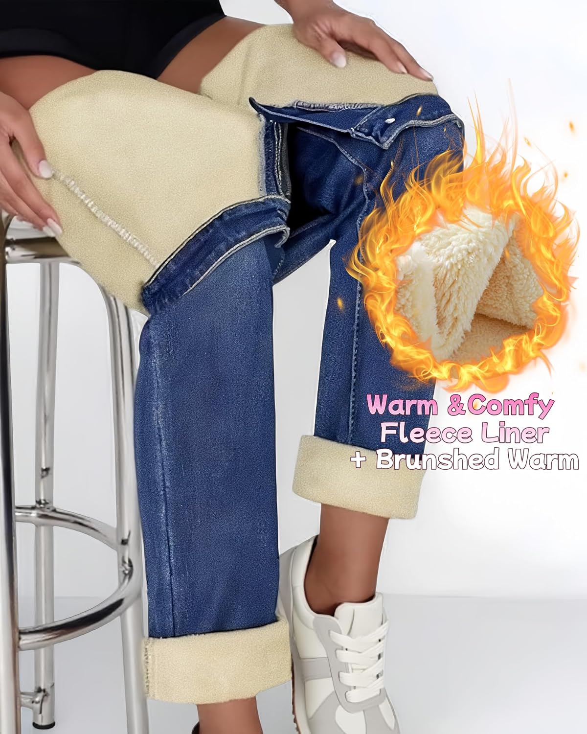 Fleece Lined Jeans for Women Winter Warm Thermal Pants Straight Leg Fleece Lined Denim Jeans Women - Image 3