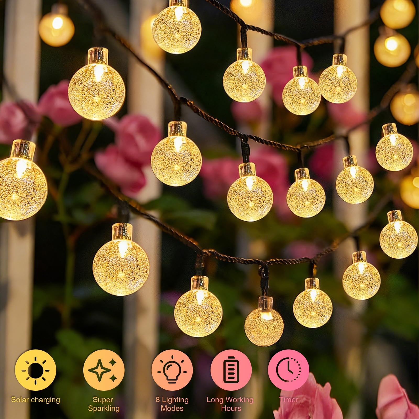 AGOTD Cadena de luces solares para exteriores, 40 LED, cadena de luces solar con temporizador, IP65, 8 modos, bolas de cristal, resistente al agua, para jardín, balcón, terraza, Navidad, bodas