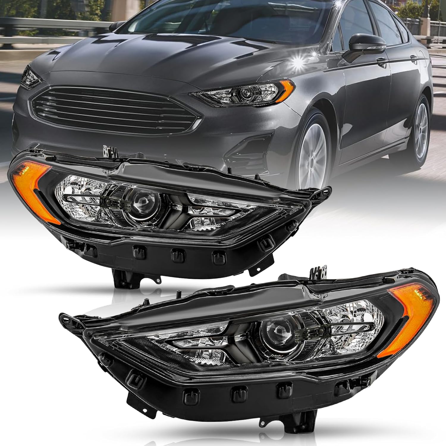 Projector Headlight Assembly Set with LED DRL Fit for 2017-2020 Ford Fusion Headlamp Replacement, Black Housing with Amber Reflector