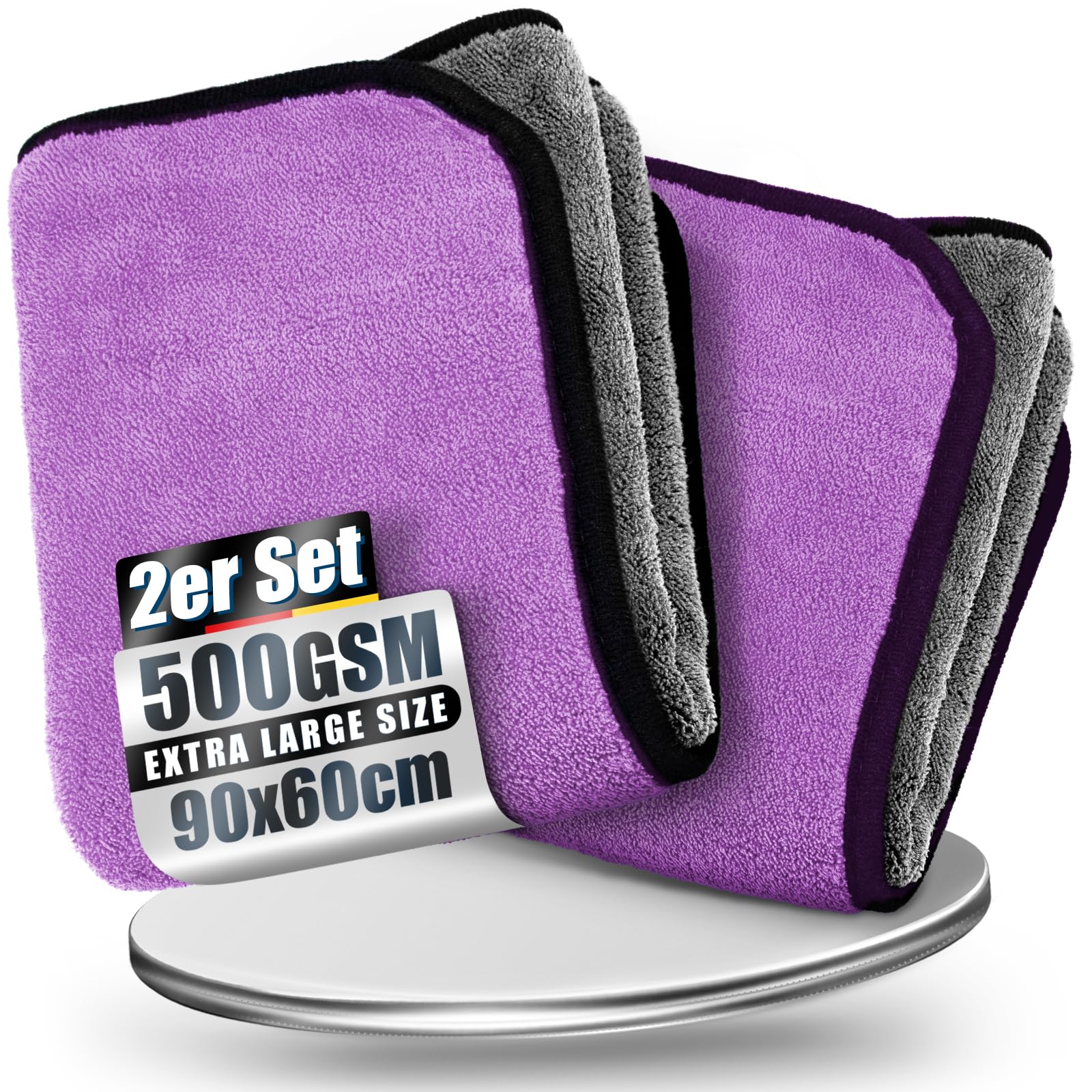 Airlab XXL Trockentuch Auto Mikrofasertücher 90X60 cm, 2er-Set Poliertücher Auto Tuch Zum Trocknen, Großes Microfasertuch für Autopflege, Saugstark & Lackschonend, Lila & Grau, 500 GSM