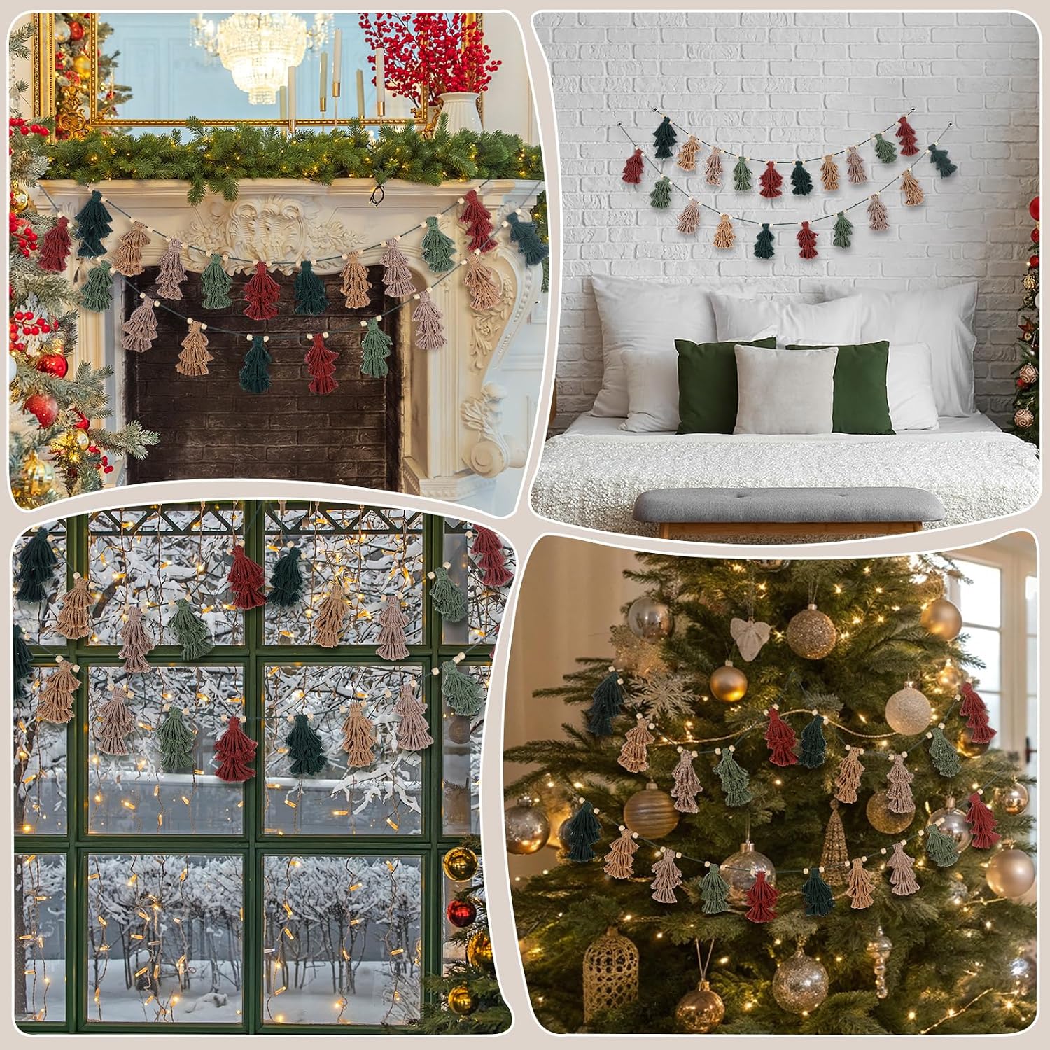 Breling 2 Pcs Christmas Boho Tassel Garland with Wood Beads 60 Inch Rustic Hanging Decor in Neutral Earth Tones Holiday Banner Woodland Office Fireplace Mantel Wall Christmas Decoration Indoor Outdoor