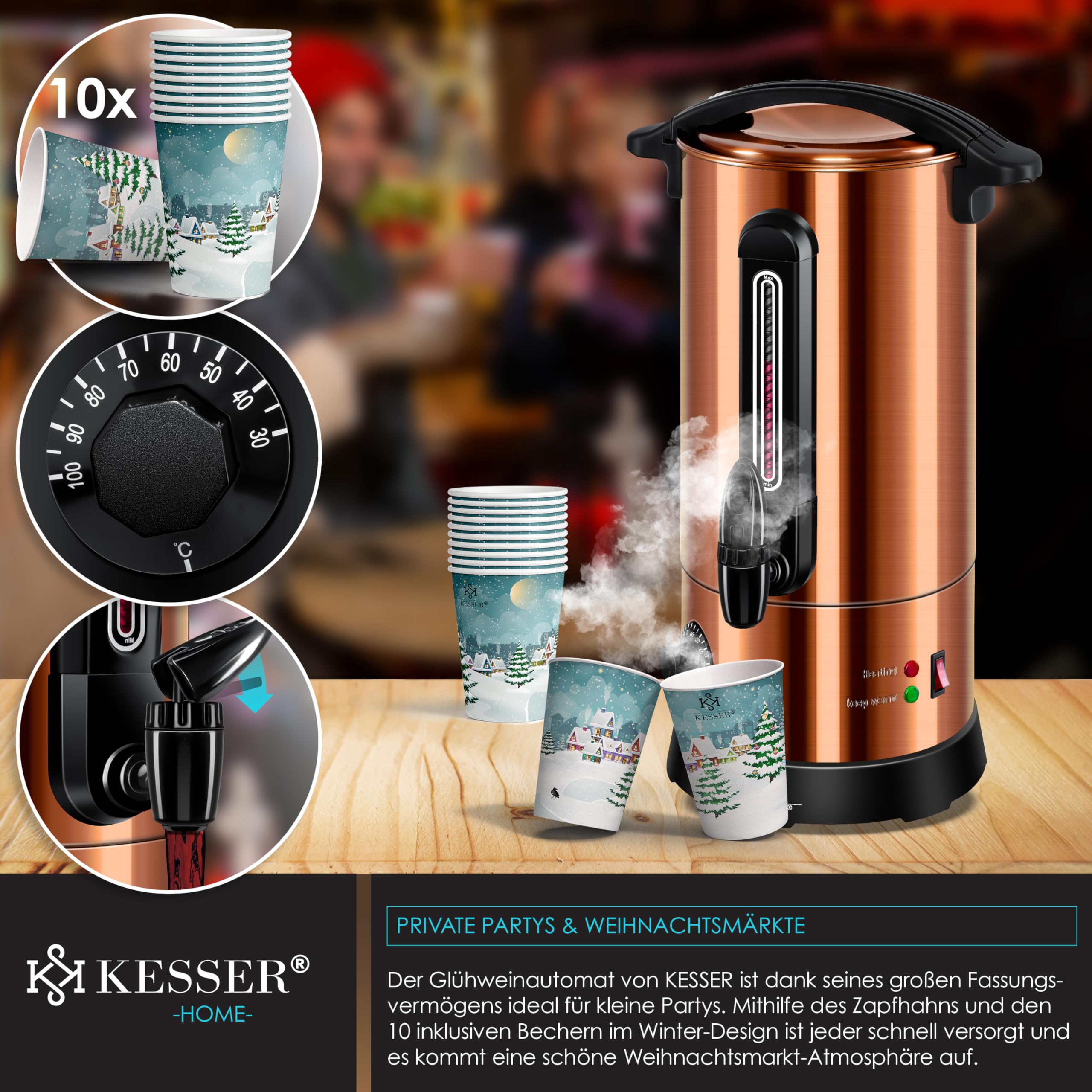 KESSER® Glühweinkessel 6,8/10/20/30L Edelstahl Inkl. Becher, Glühweinkocher mit Thermostat Glühweinautomat Heißgetränkeautomat Wasserkocher Heißwasserspender Einkochautomat Füllstandanzeige Zapfhahn