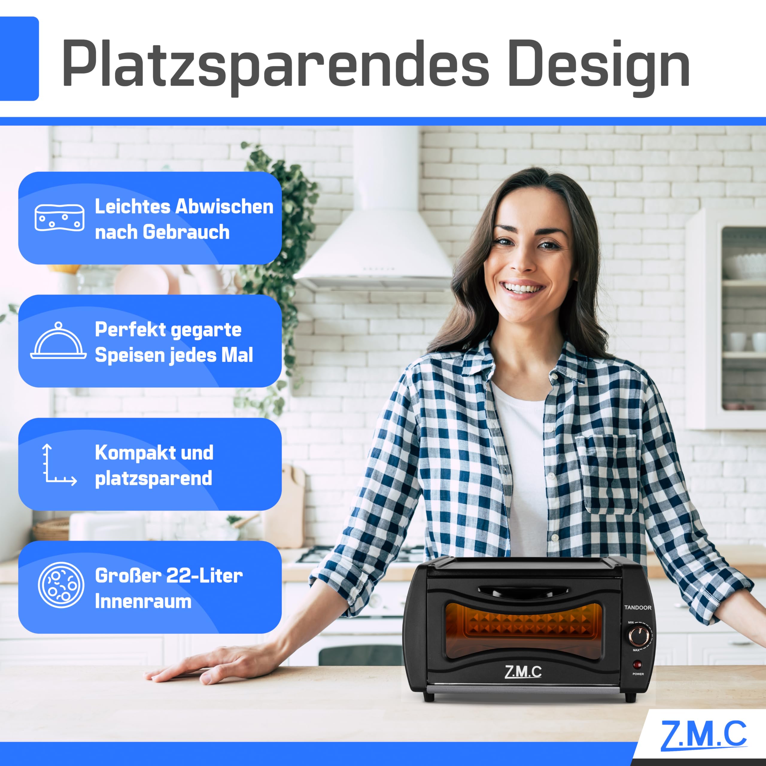 Z.M.C Mini Tandoor Backofen 2100W 22L | Minibackofen für Lahmacun, Börek, Pizza, Naan & Fladenbrot | inkl. Backblech & Grillrost | schnelles Aufheizen | für Zuhause & Küche