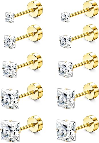 MILACOLATO 5 PACK Titanium Stud Earrings for Women Men Hypoallergenic Titanium Post Stud Earrings Flatback Cubic Zirconia 20G Tragus Cartilage