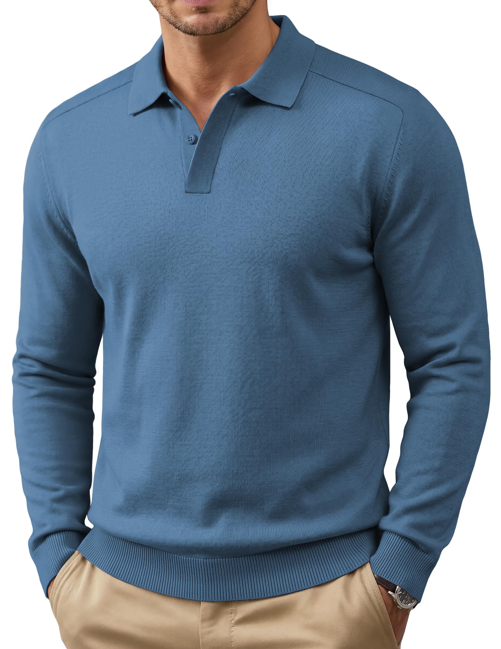 COOFANDY Mens Knit Polo Sweater Long Sleeve Polo Collared Pullover Sweaters