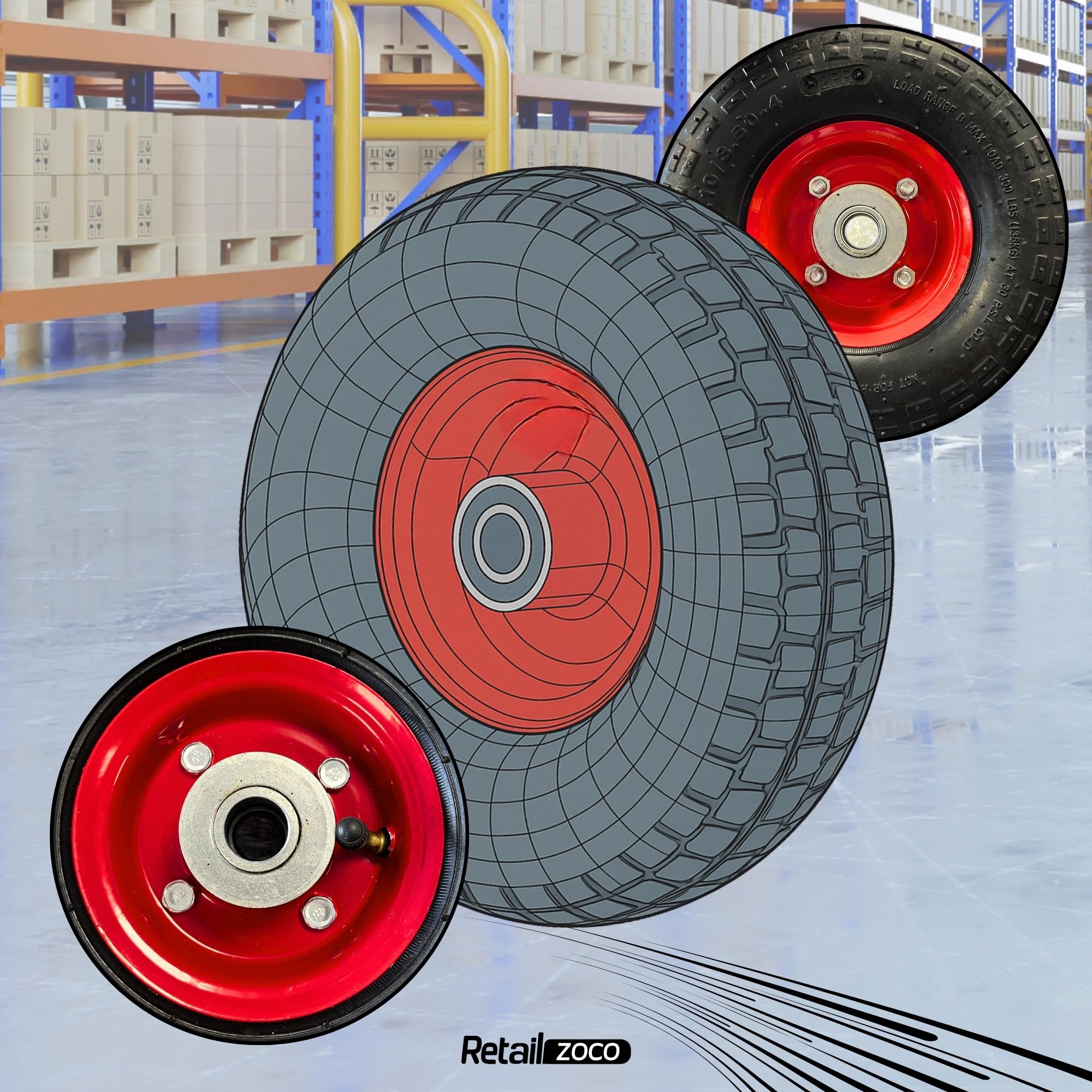 TECHZOCO Ruedas de carretilla inflable, Rueda Carros de Almacén, Rueda neumática, Llanta de Acero, Diámetro 250 mm, Ancho de banda 70 mm, Diámetro buje 20 mm, Soporta hasta 140 Kg, 2 Unidades