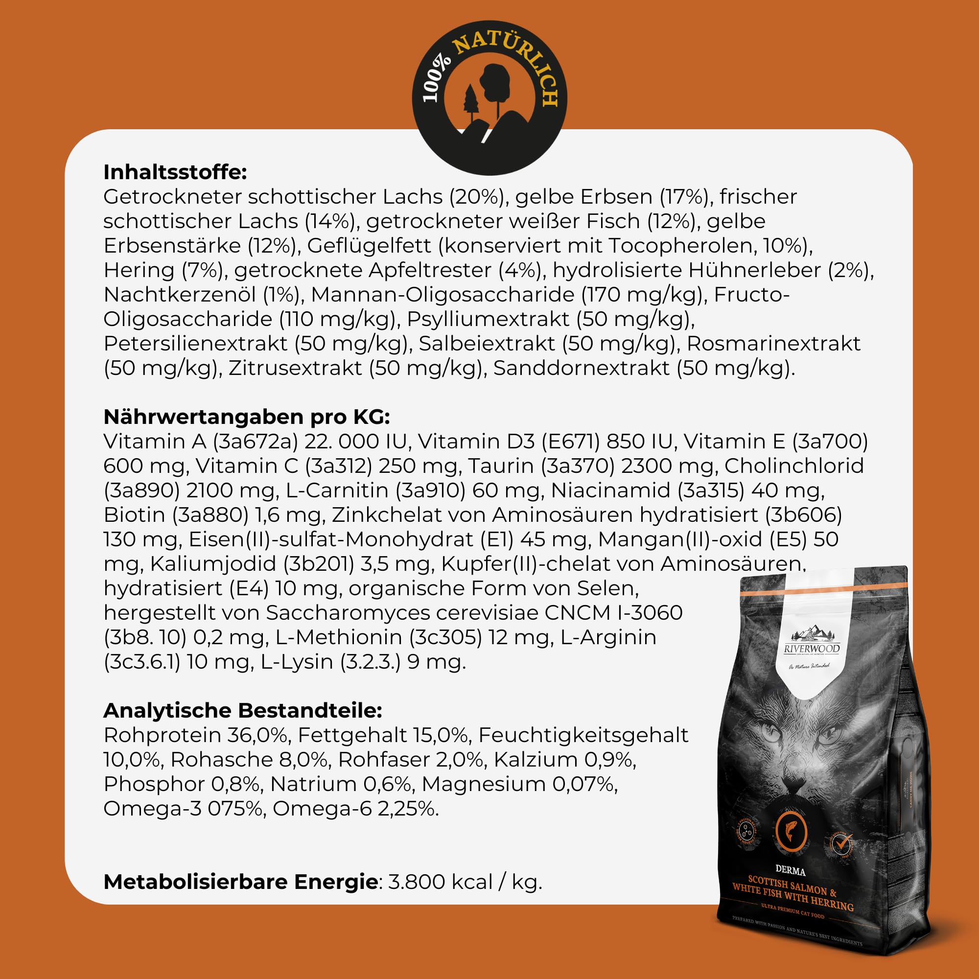 Riverwood Derma Katzenfutter | Schottischer Lachs & Weißfisch mit Hering | Ultra Premium Getreidefreies Trockenfutter | Hoher Fleischanteil | Für Haut- und Fellgesundheit | 6 KG